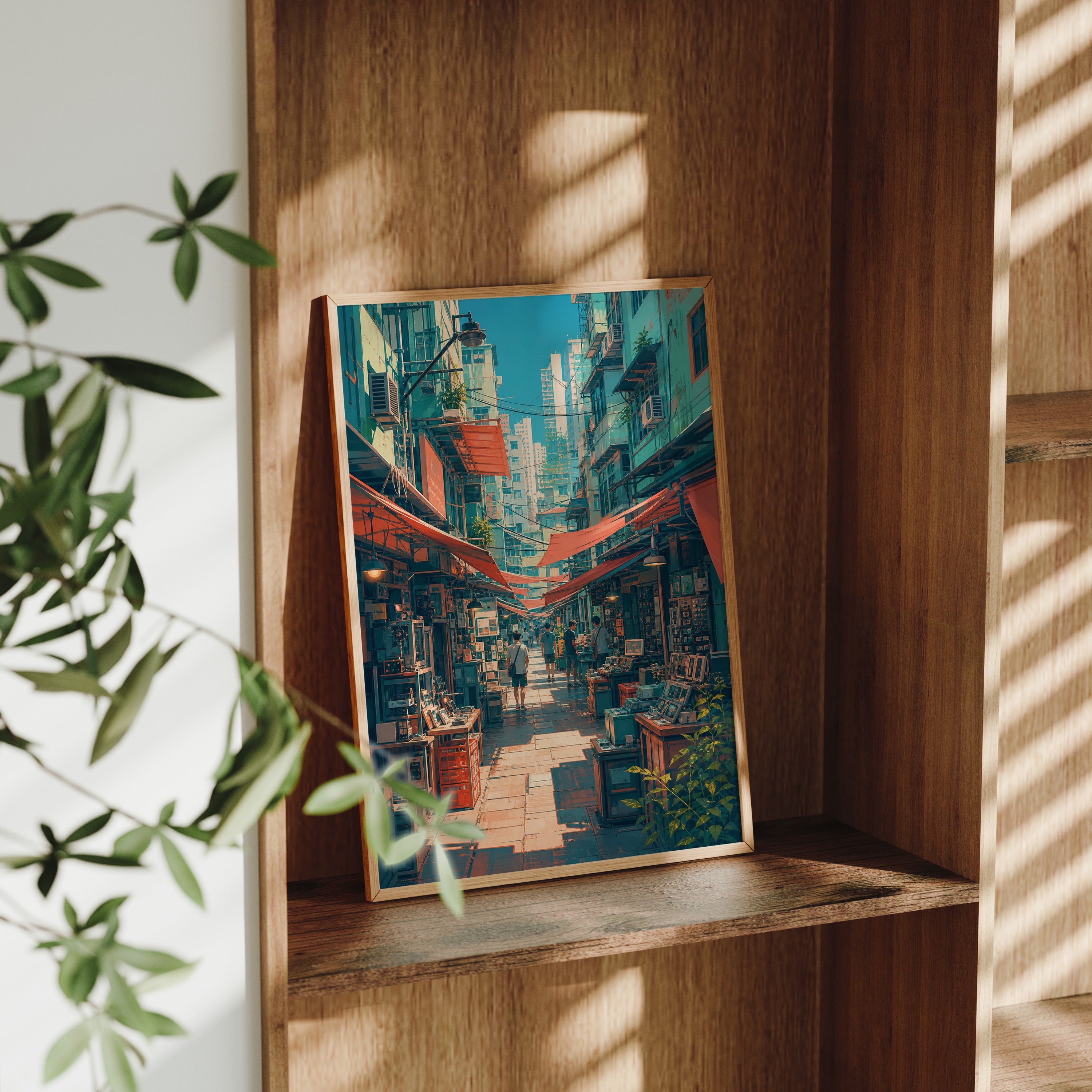 Hong Kong Red Awning Market Lane poster gallery shelf mockup by Seji Art