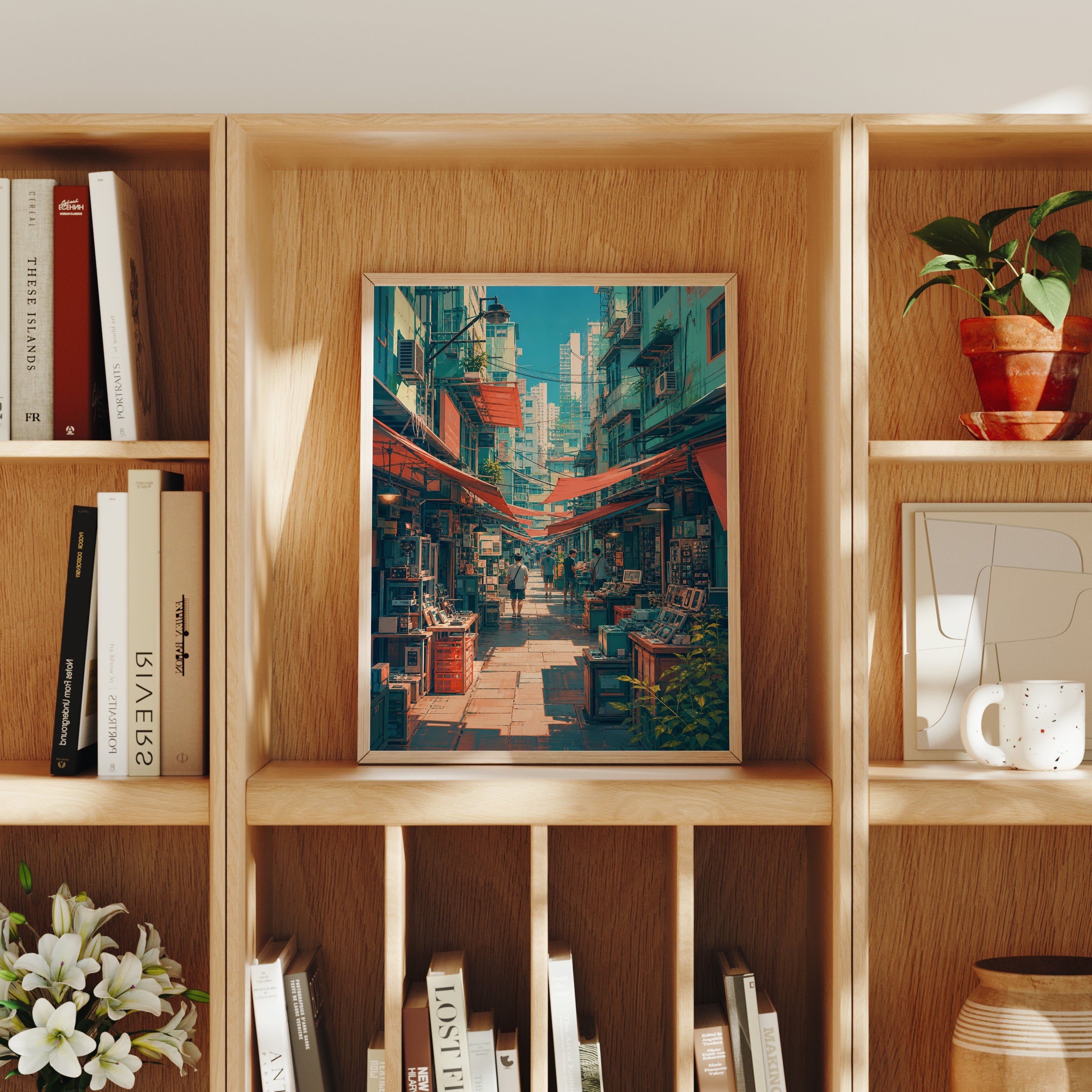 Hong Kong Red Awning Market Lane poster home decor mockup by Seji Art