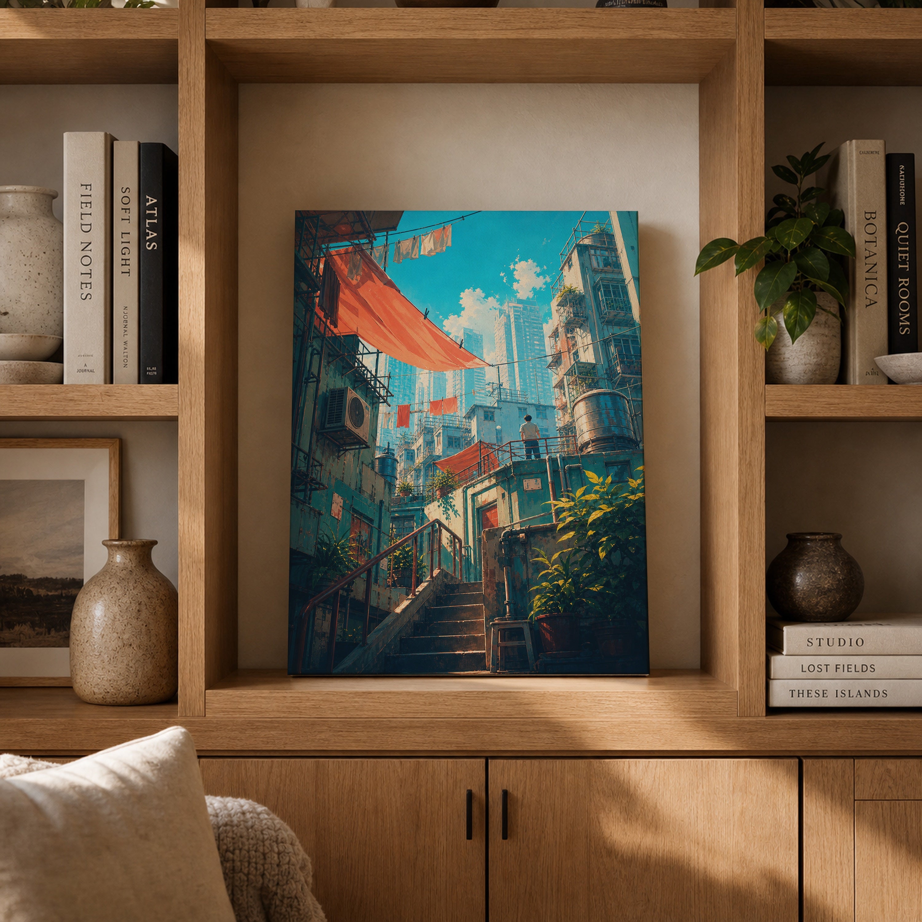 Hong Kong Red Awning Stair Street canvas gallery shelf mockup by Seji Art