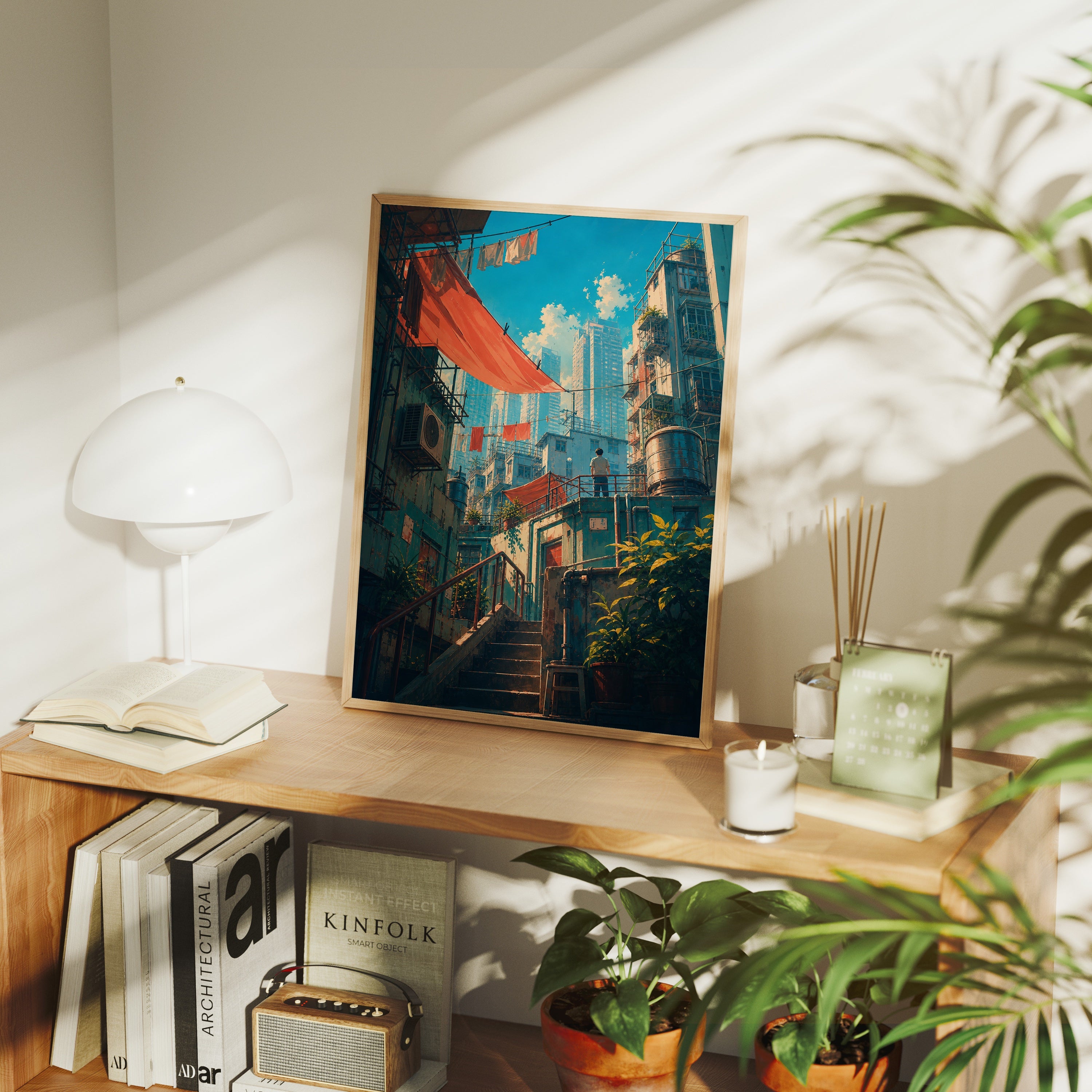 Hong Kong Red Awning Stair Street poster framed room mockup by Seji Art