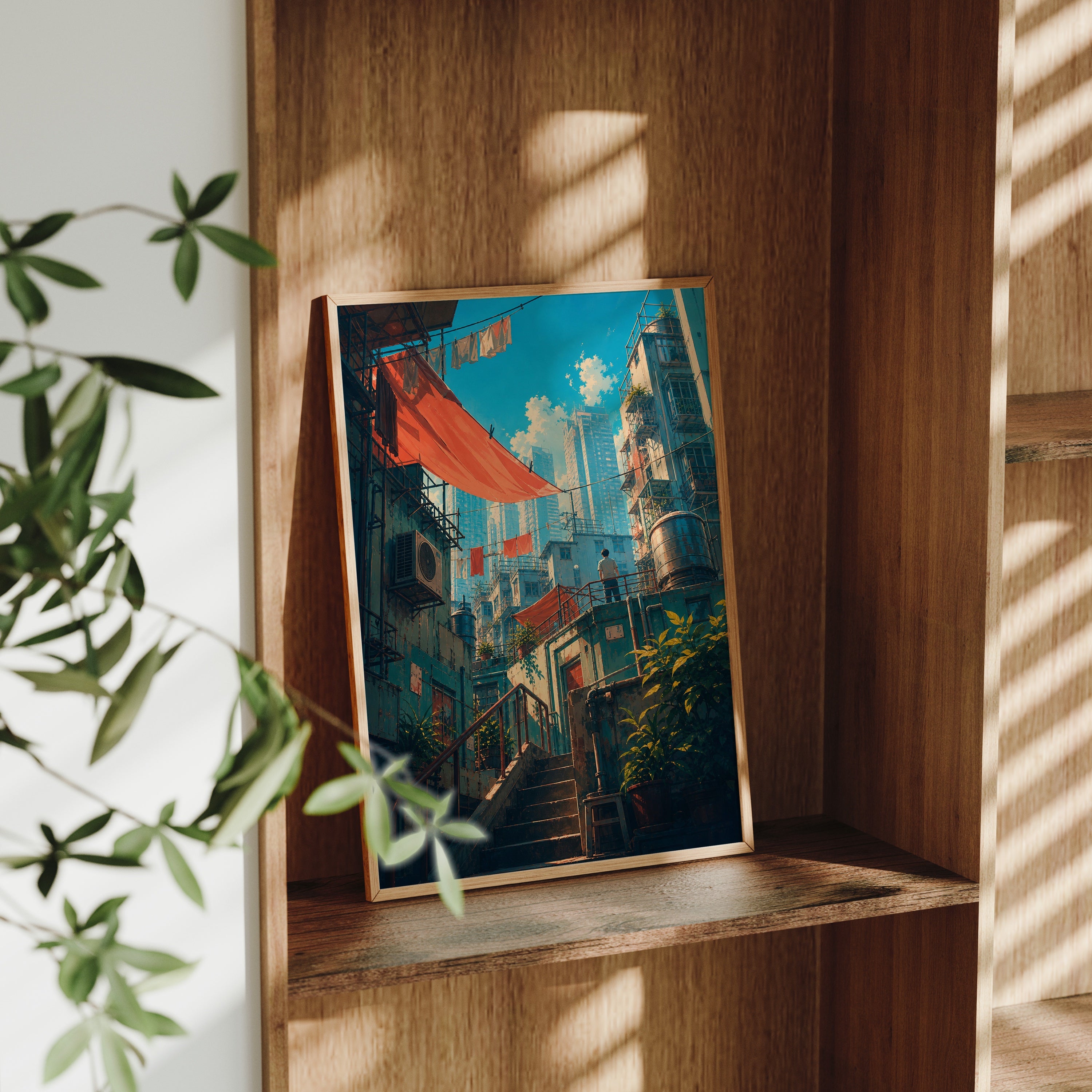 Hong Kong Red Awning Stair Street poster gallery shelf mockup by Seji Art