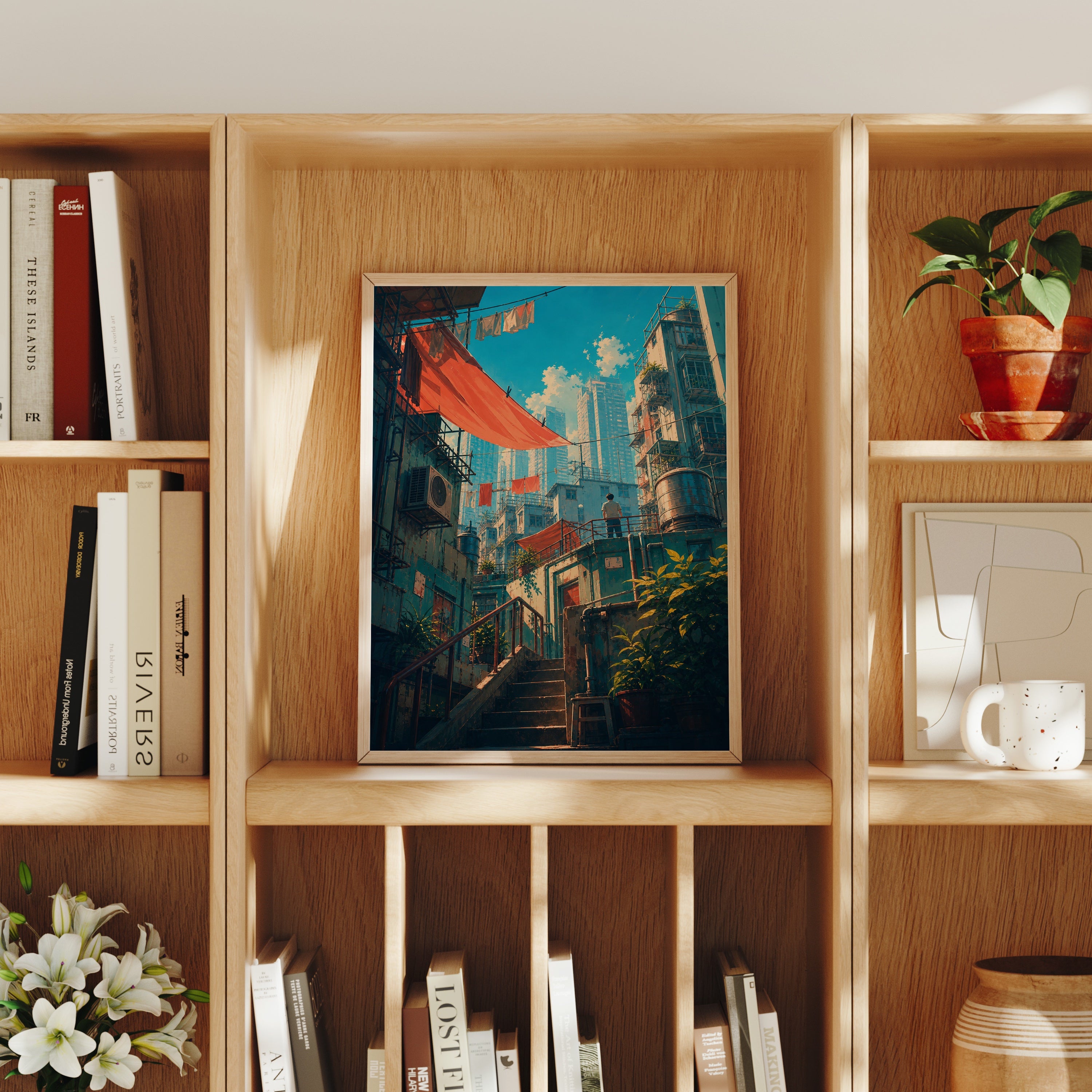 Hong Kong Red Awning Stair Street poster home decor mockup by Seji Art