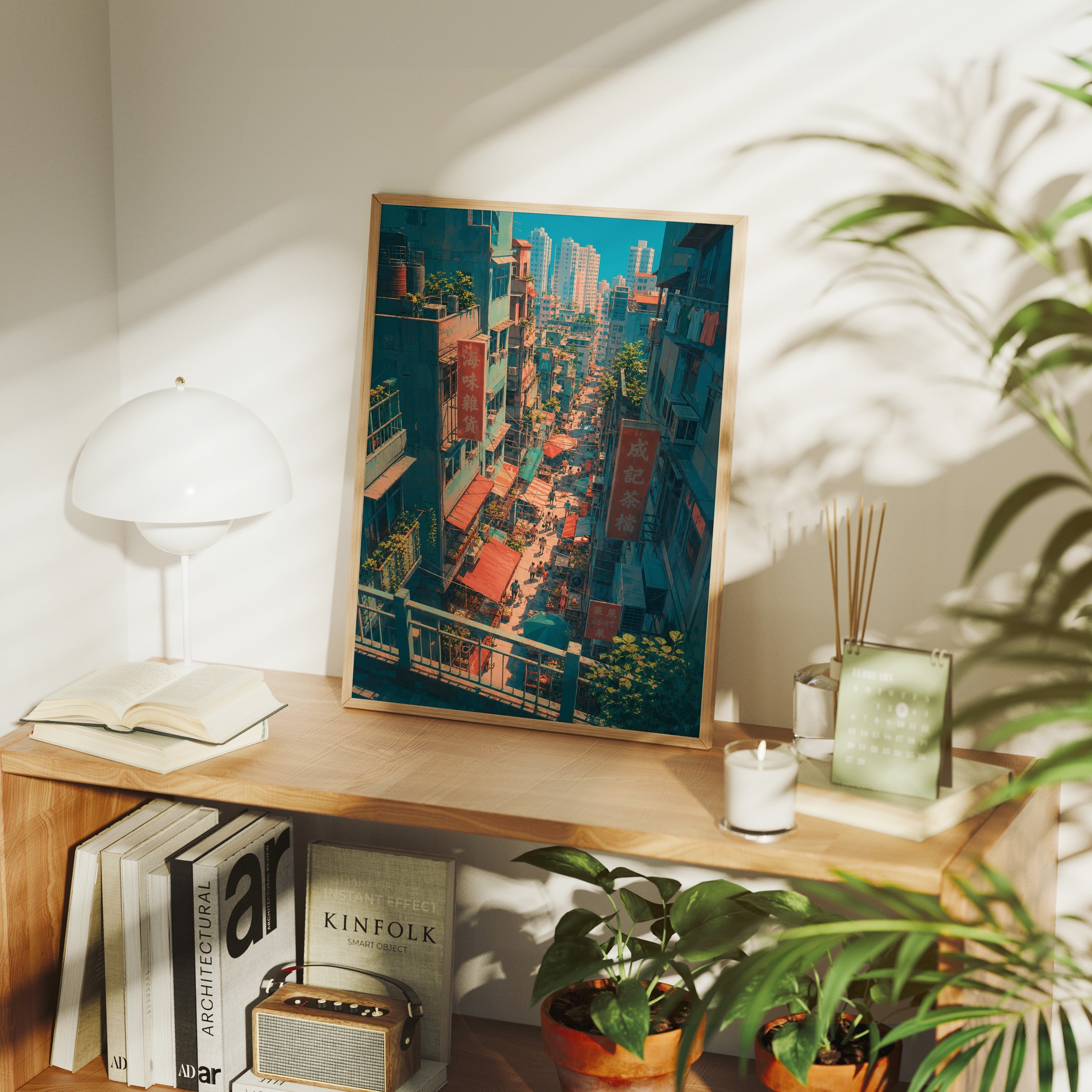 Hong Kong Rooftop Alley Cityscape poster framed room mockup by Seji Art