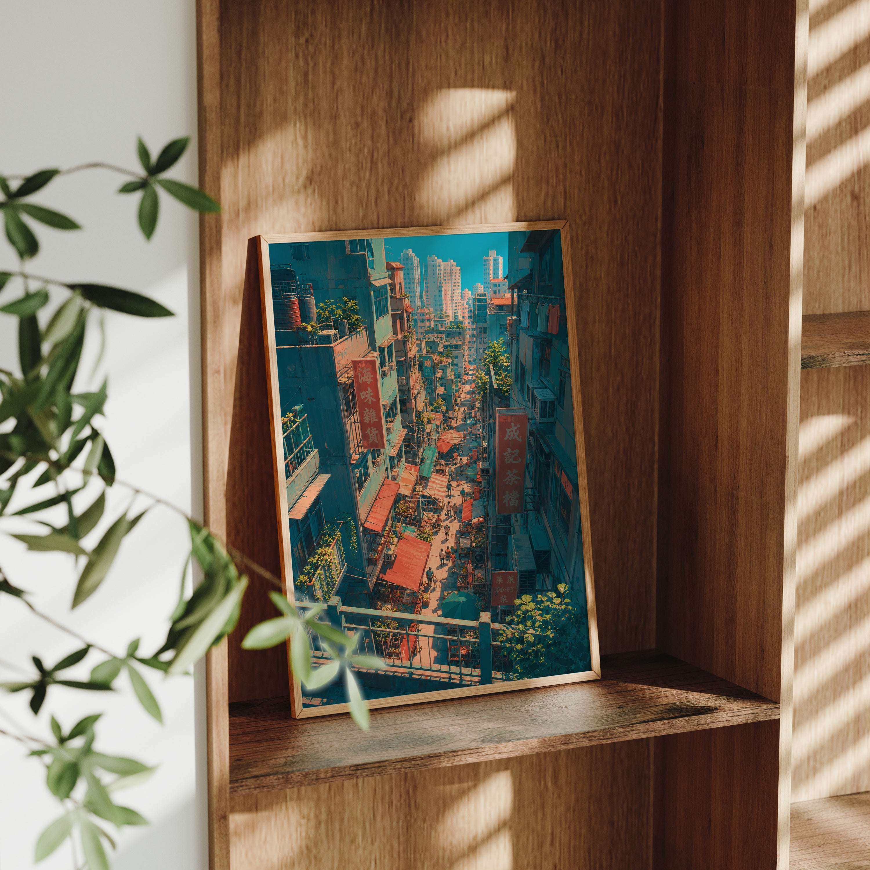 Hong Kong Rooftop Alley Cityscape poster gallery shelf mockup by Seji Art
