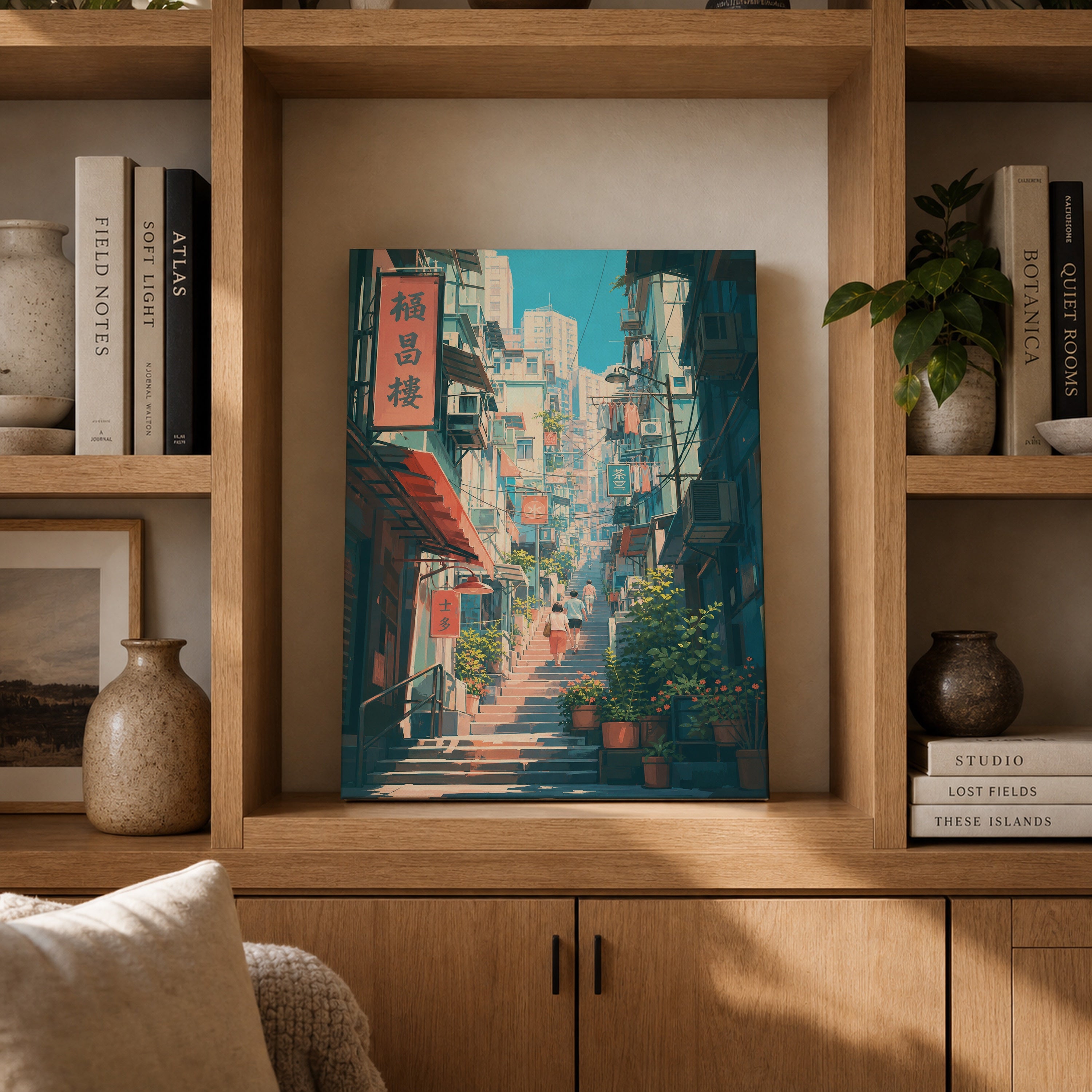 Hong Kong Signboard Stair Alley canvas gallery shelf mockup by Seji Art