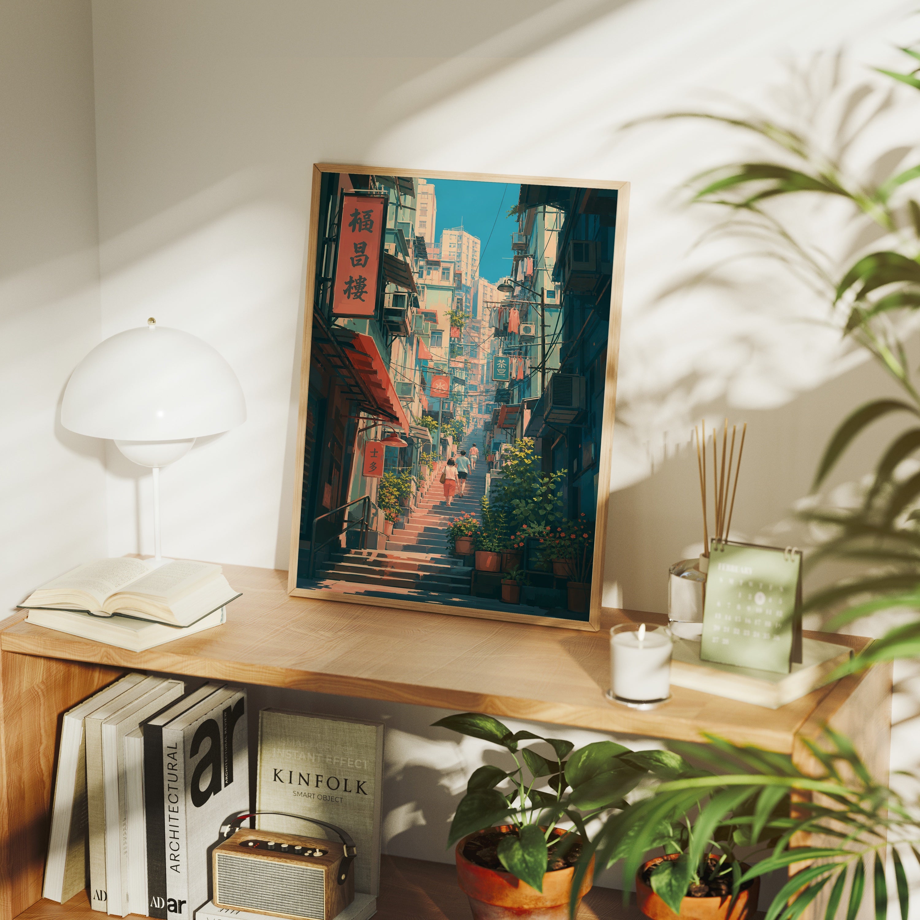 Hong Kong Signboard Stair Alley poster framed room mockup by Seji Art