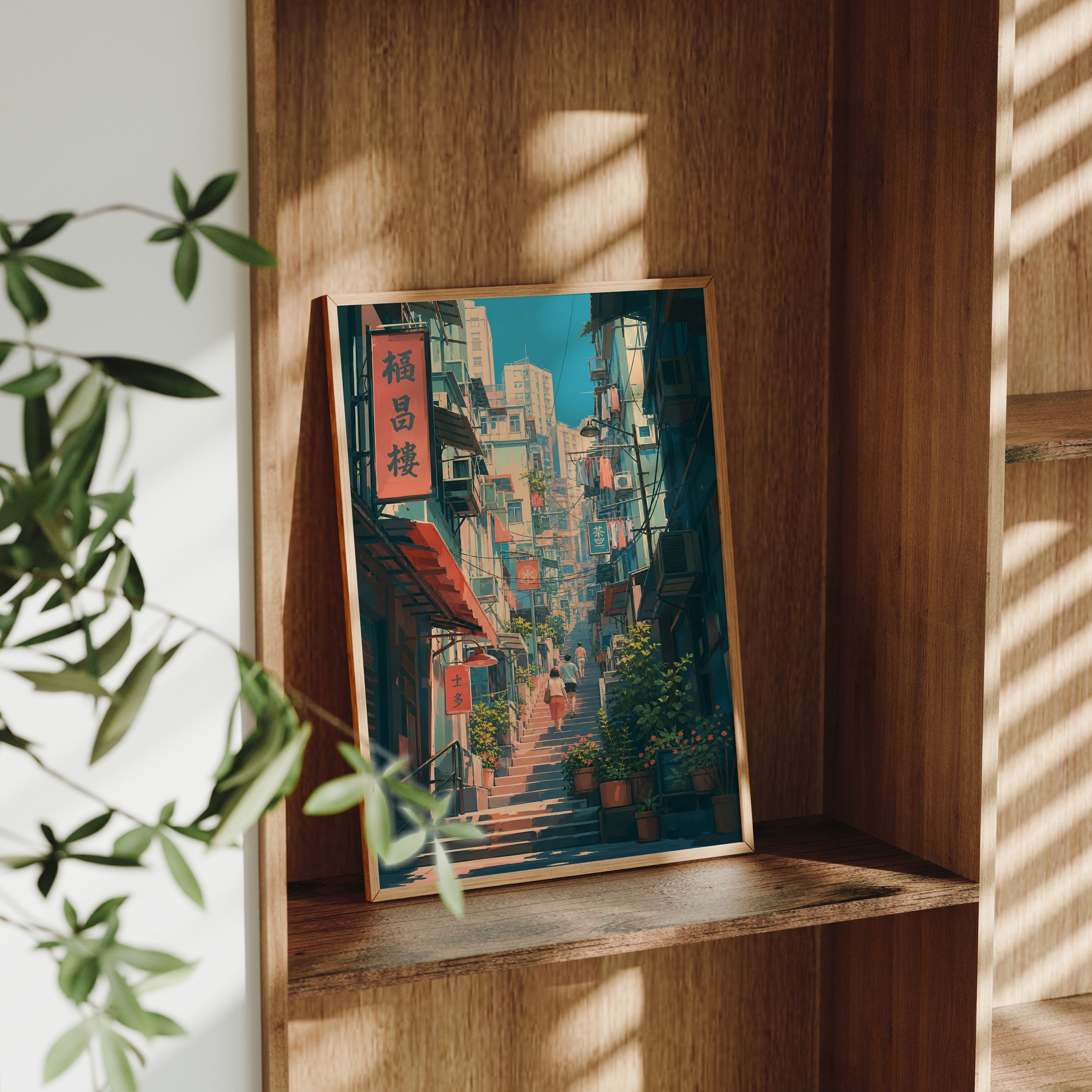 Hong Kong Signboard Stair Alley poster gallery shelf mockup by Seji Art