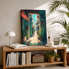Hong Kong Sunlit Doorway Lane canvas room mockup by Seji Art