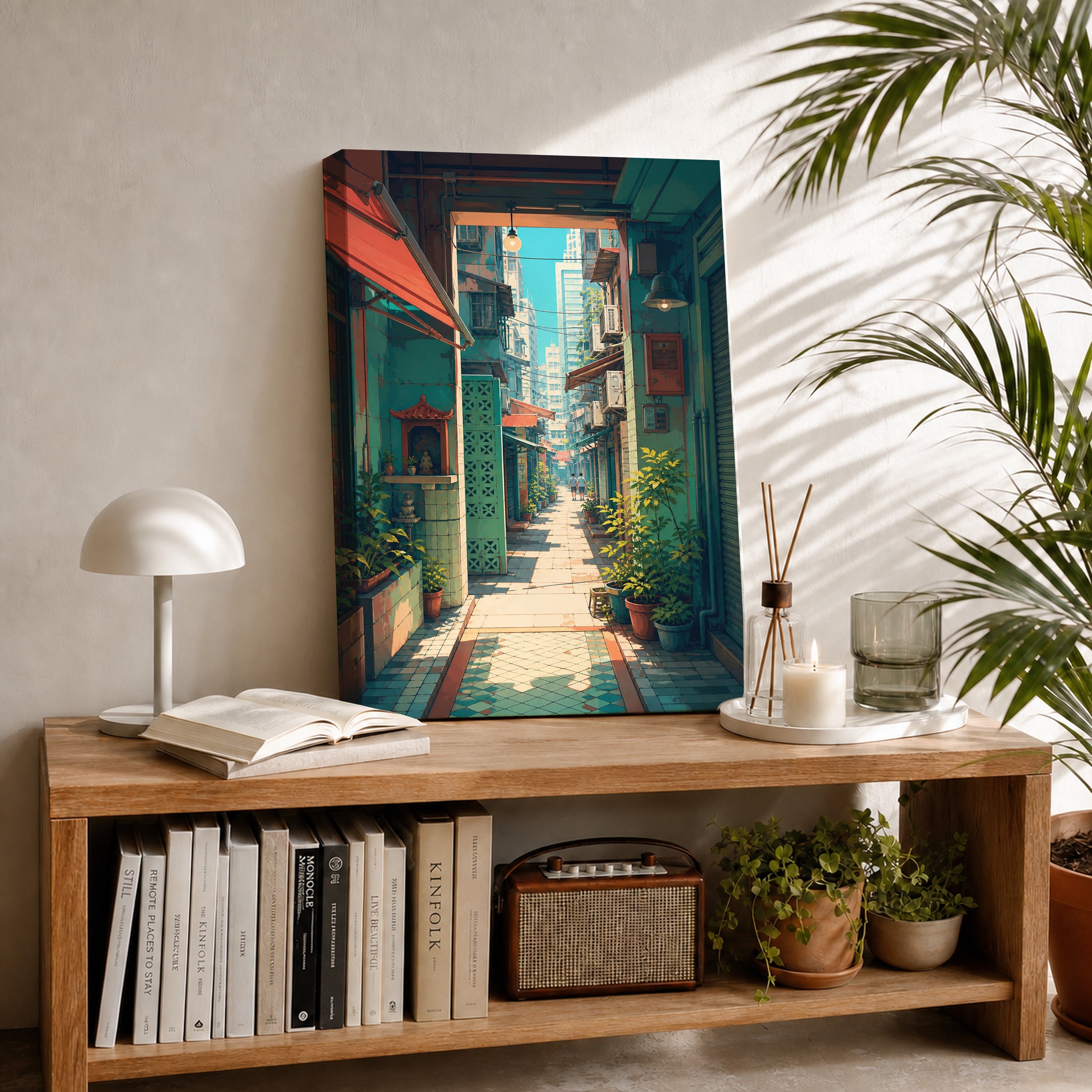 Hong Kong Sunlit Doorway Lane canvas room mockup by Seji Art