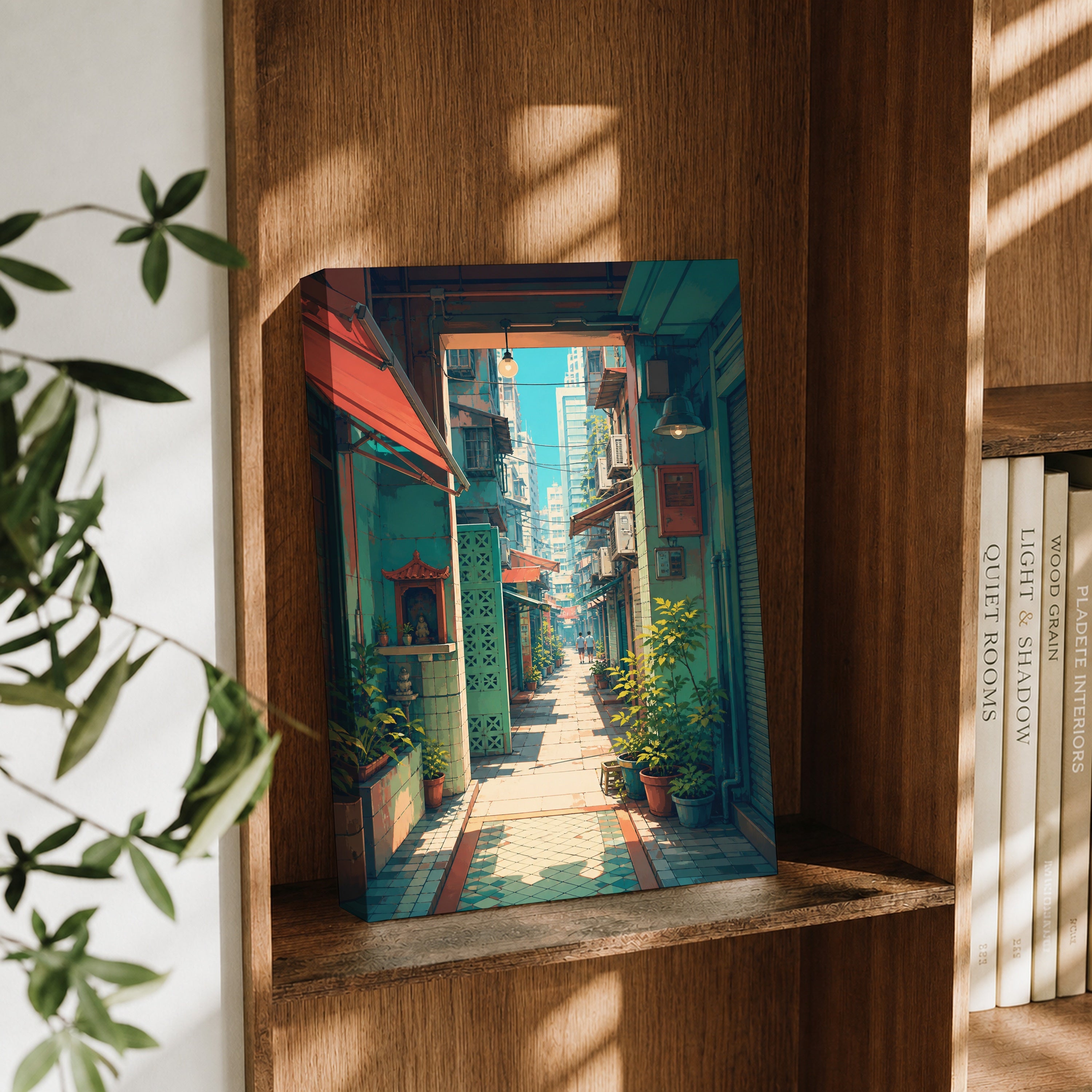 Hong Kong Sunlit Doorway Lane canvas wall art decor mockup by Seji Art