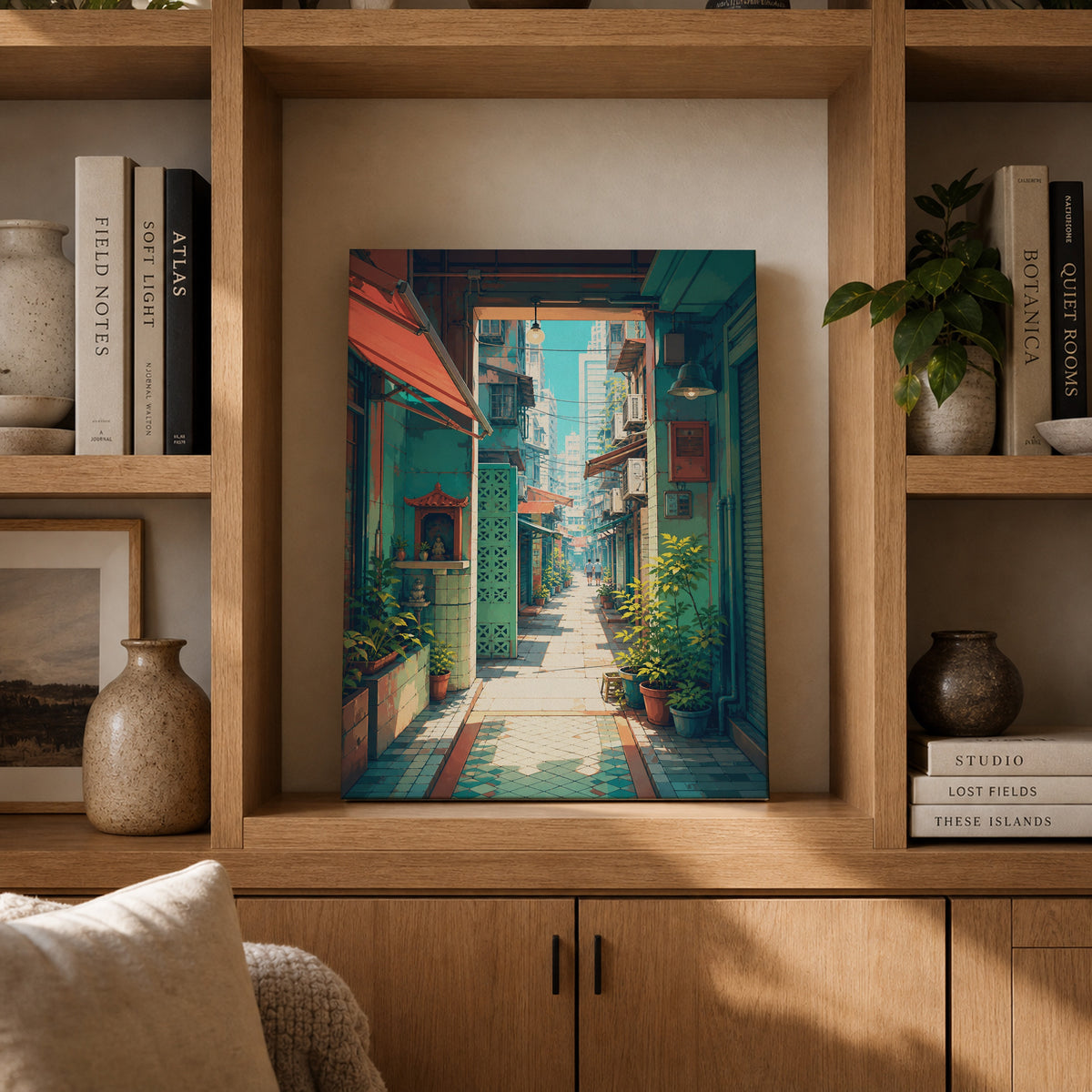 Hong Kong Sunlit Doorway Lane canvas gallery shelf mockup by Seji Art