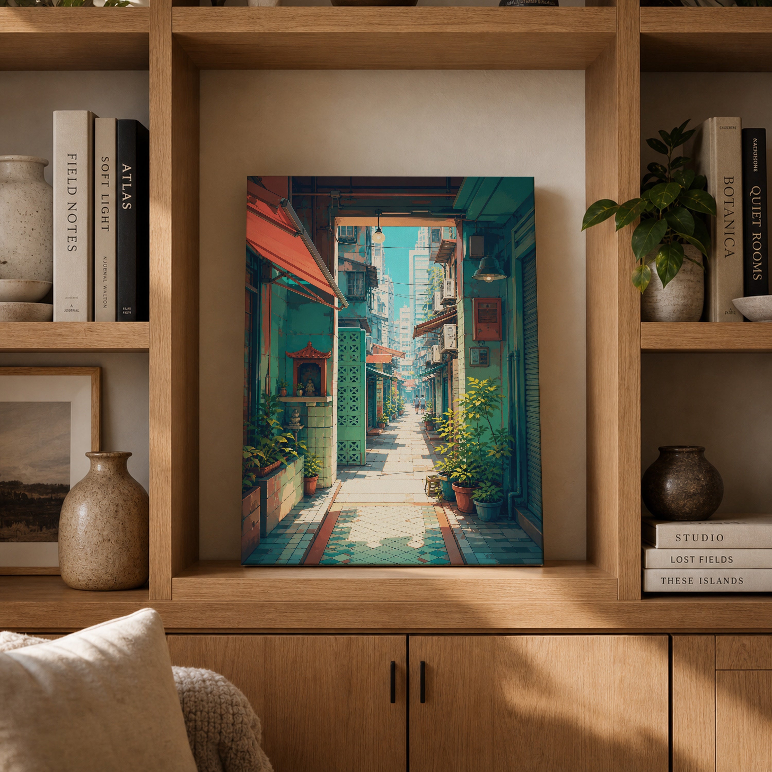 Hong Kong Sunlit Doorway Lane canvas gallery shelf mockup by Seji Art
