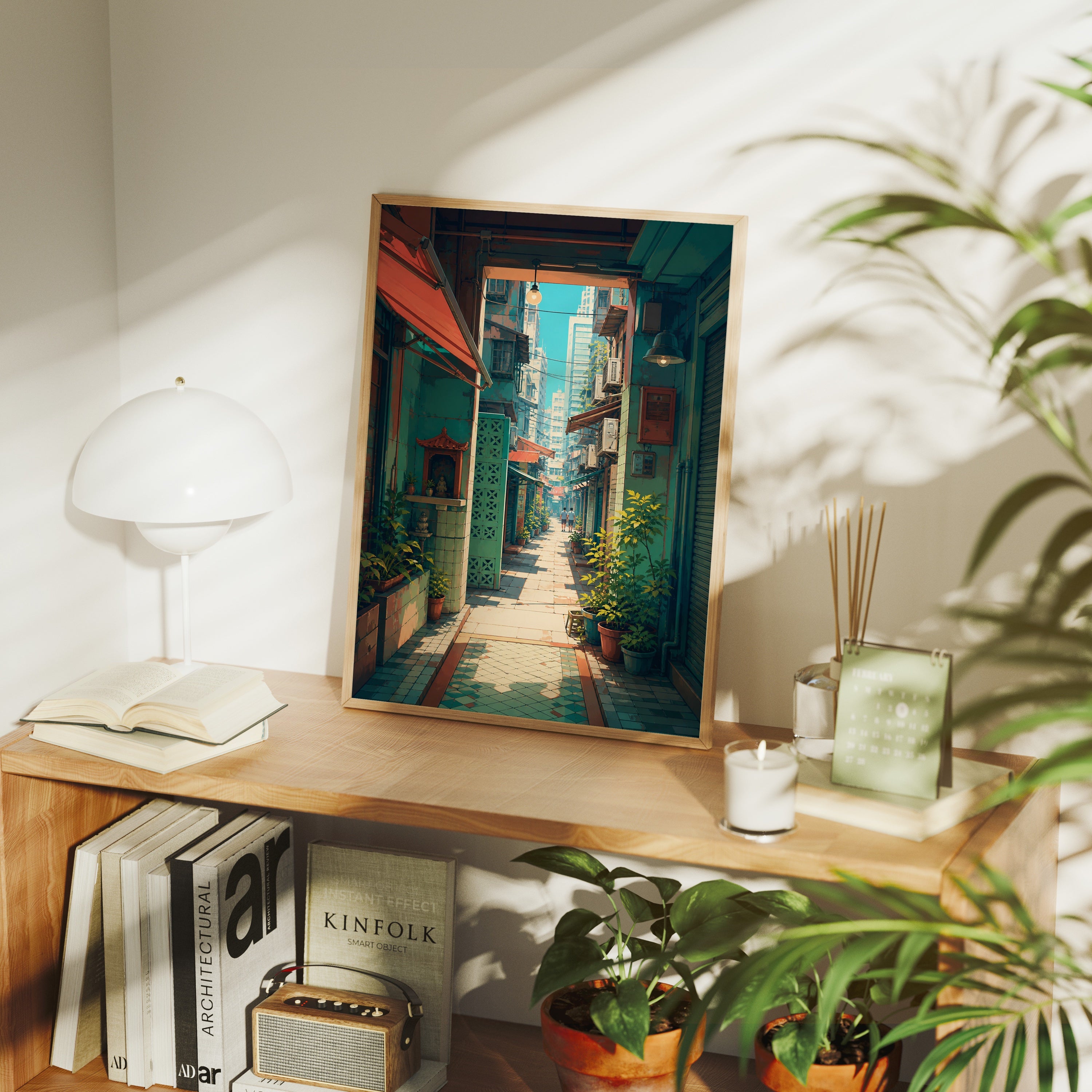 Hong Kong Sunlit Doorway Lane poster framed room mockup by Seji Art