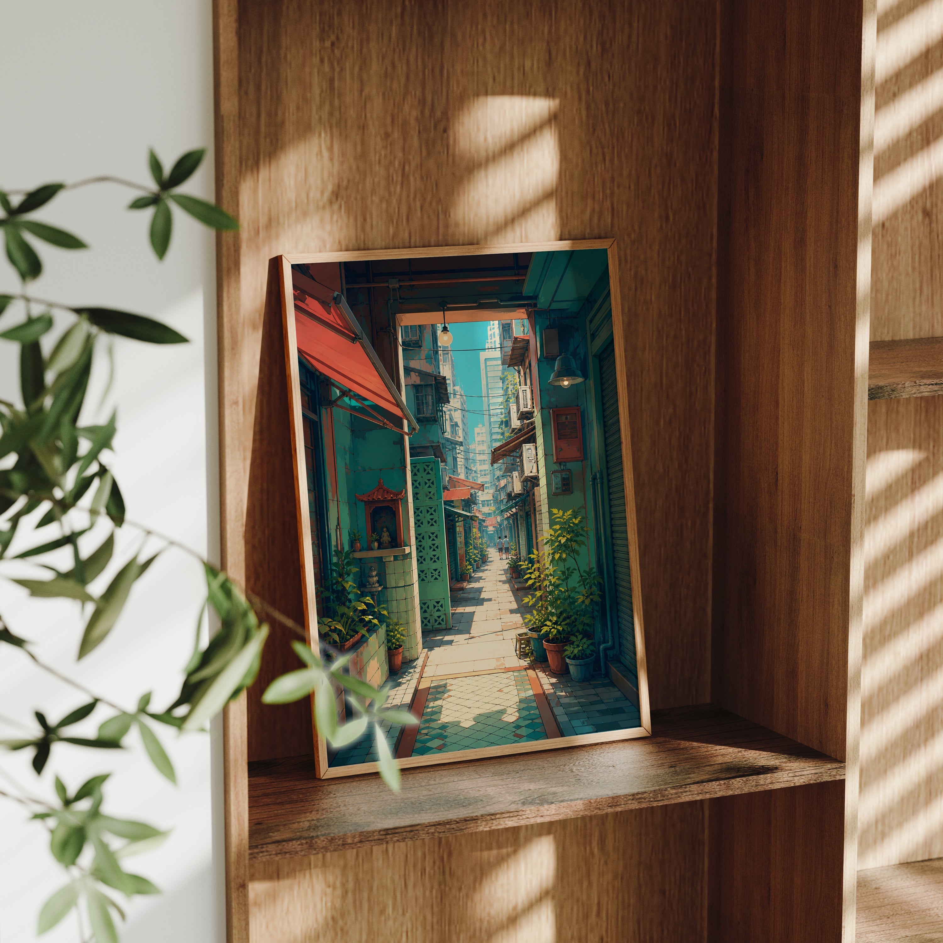 Hong Kong Sunlit Doorway Lane poster gallery shelf mockup by Seji Art