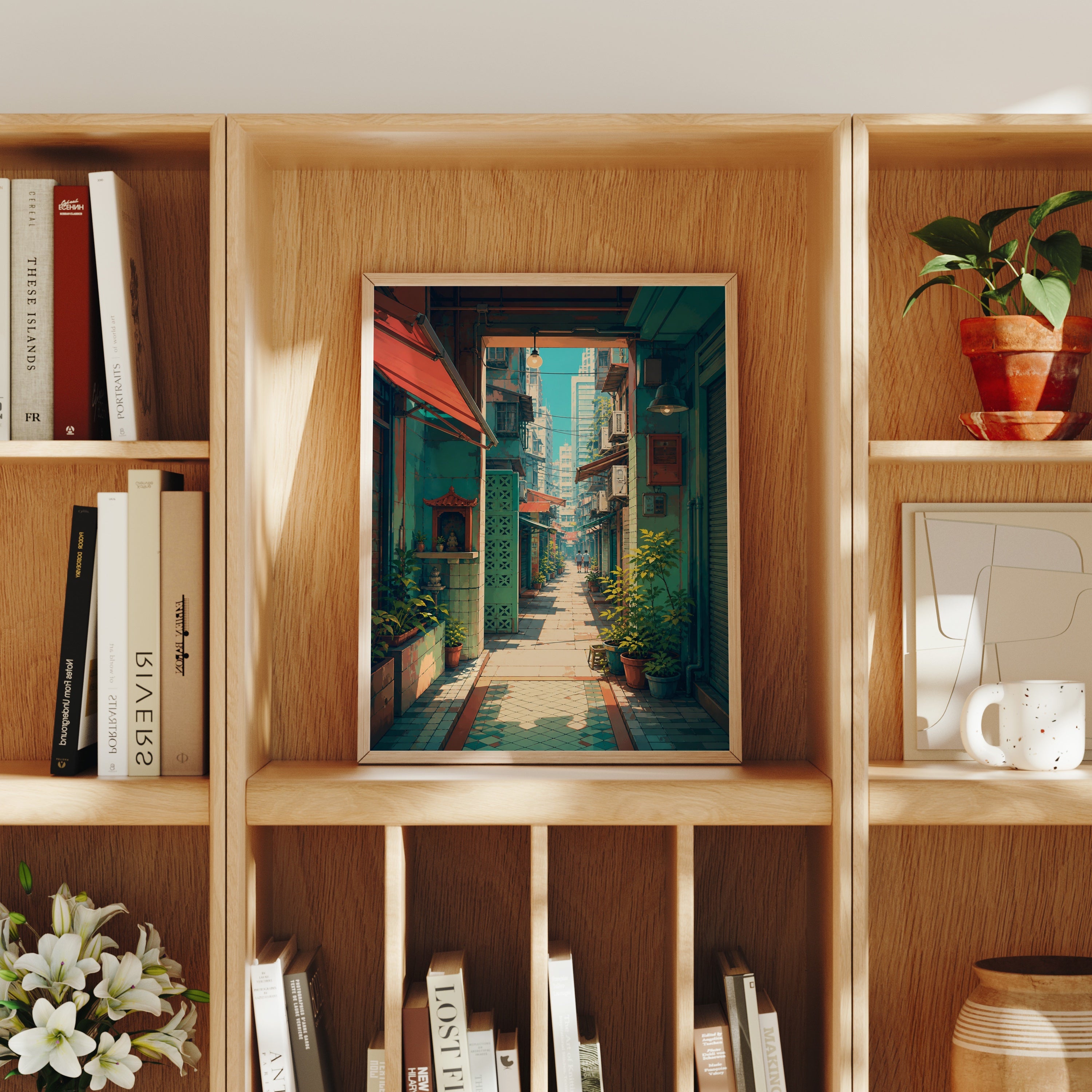 Hong Kong Sunlit Doorway Lane poster home decor mockup by Seji Art