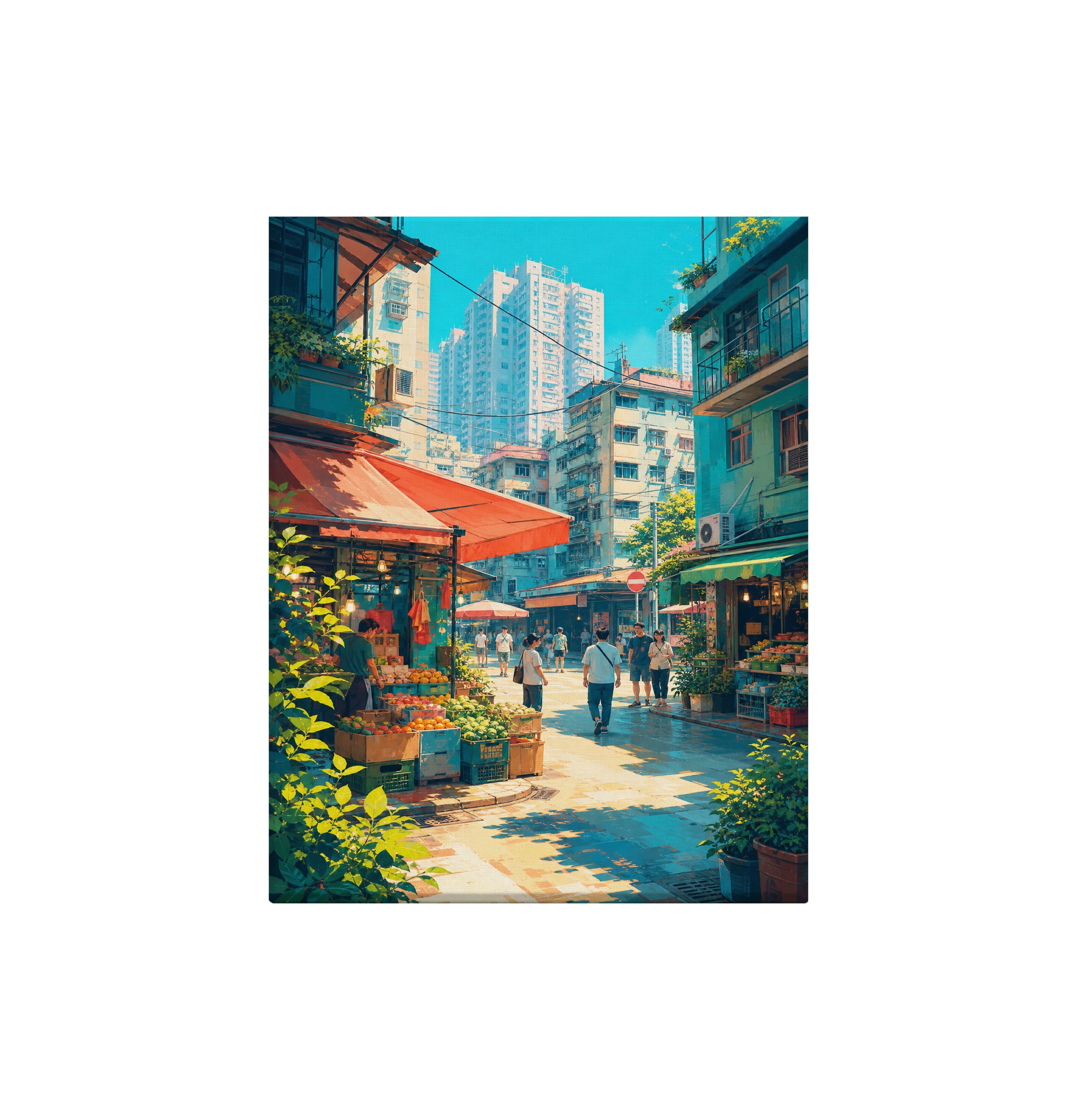 Hong Kong Sunlit Market Cafe canvas wall art preview by Seji Art
