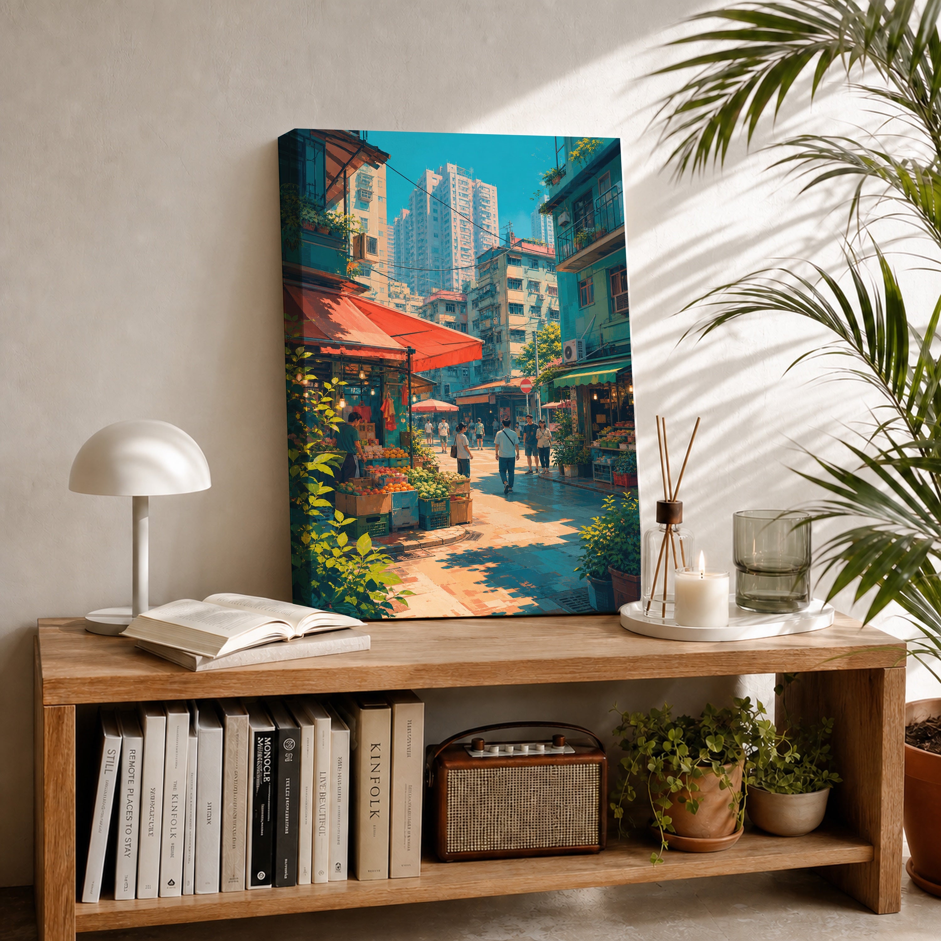 Hong Kong Sunlit Market Cafe canvas room mockup by Seji Art