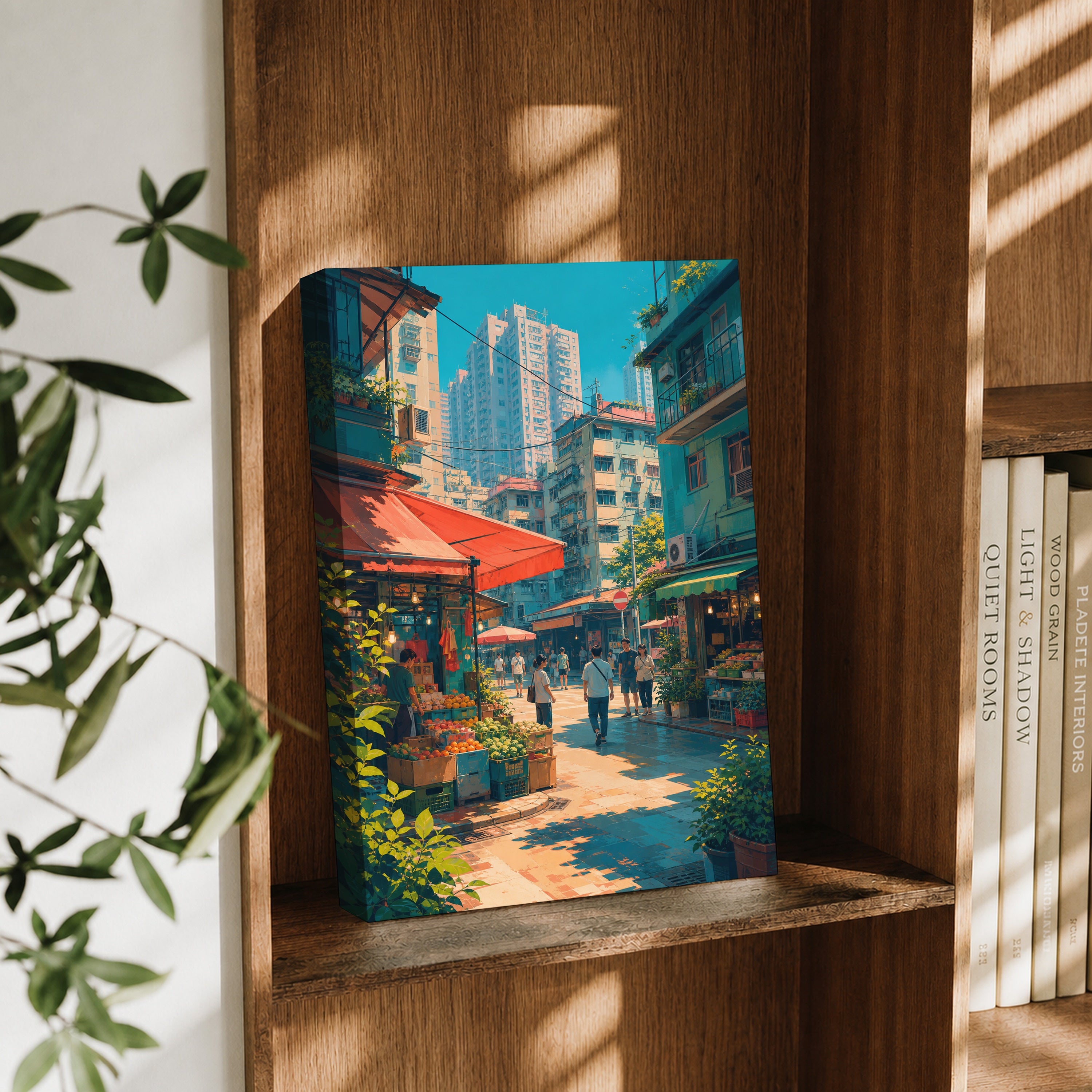 Hong Kong Sunlit Market Cafe canvas wall art decor mockup by Seji Art