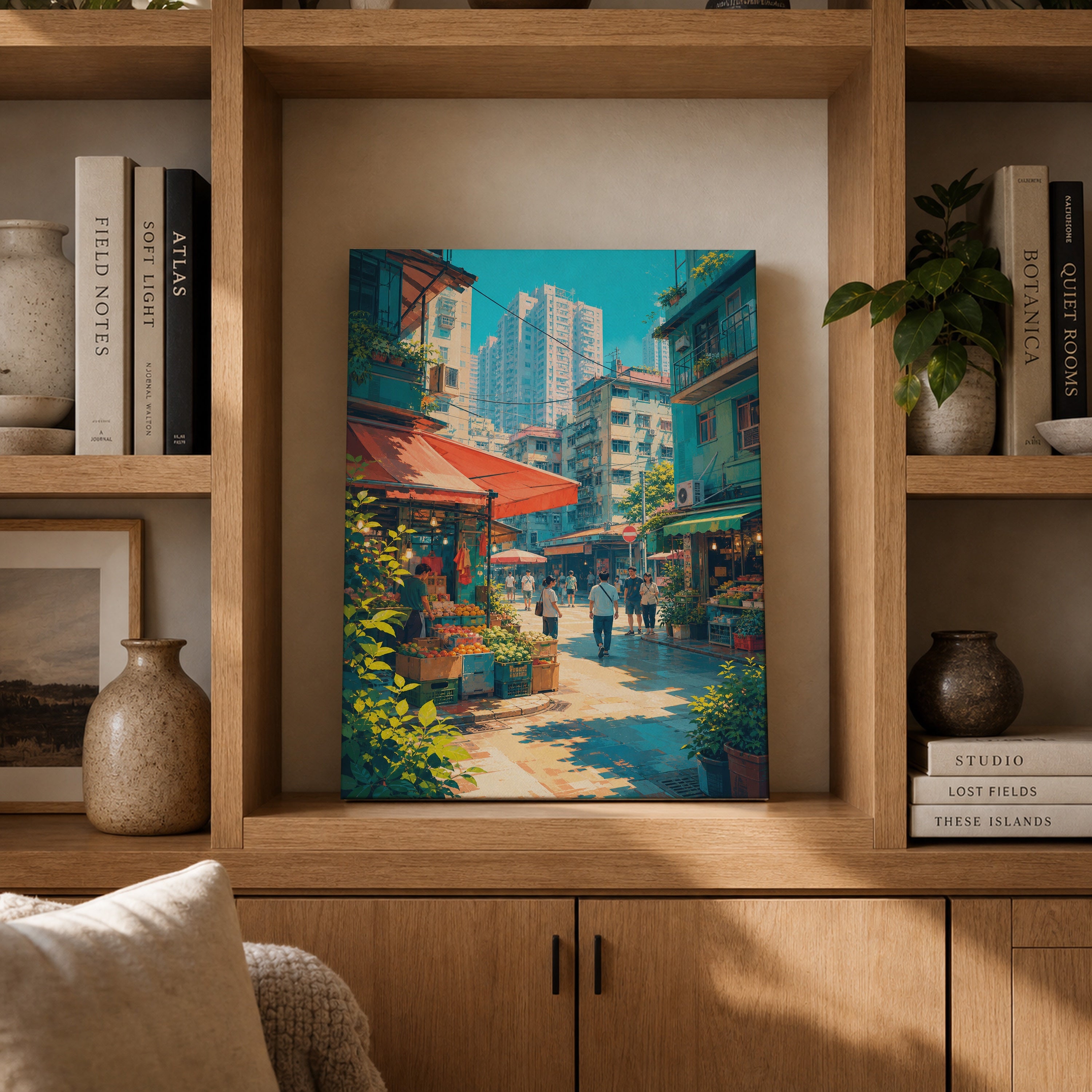 Hong Kong Sunlit Market Cafe canvas gallery shelf mockup by Seji Art