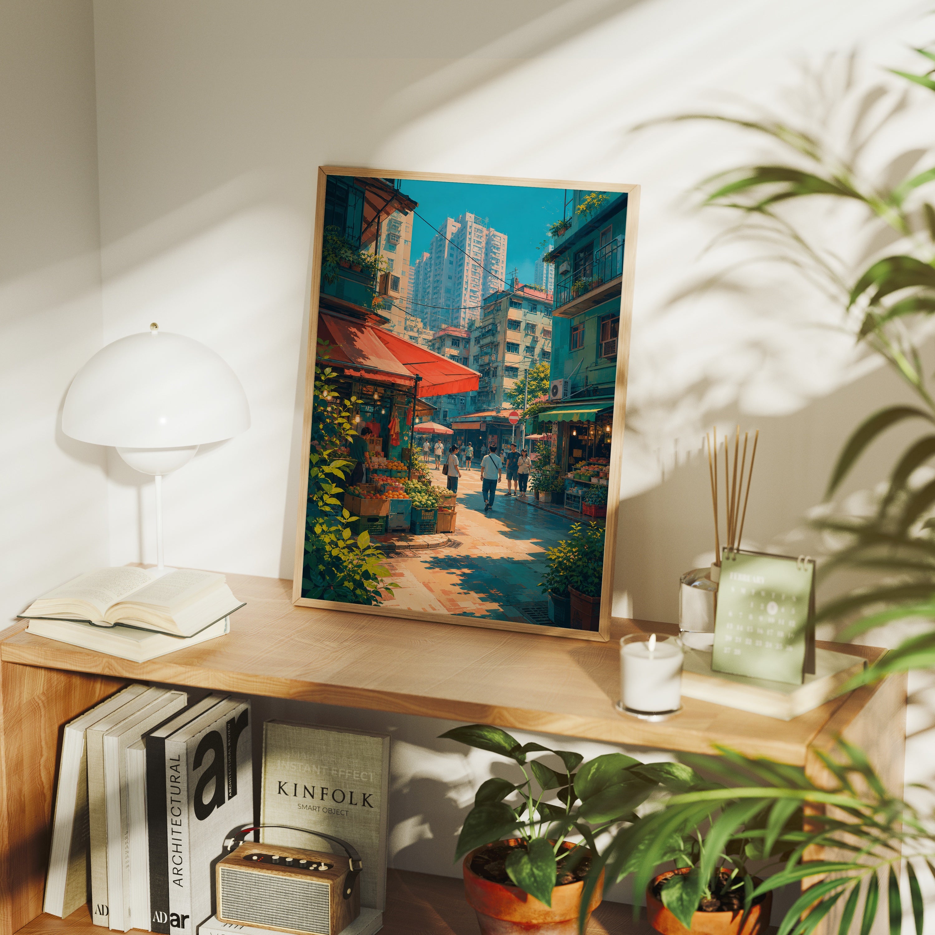 Hong Kong Sunlit Market Cafe poster framed room mockup by Seji Art