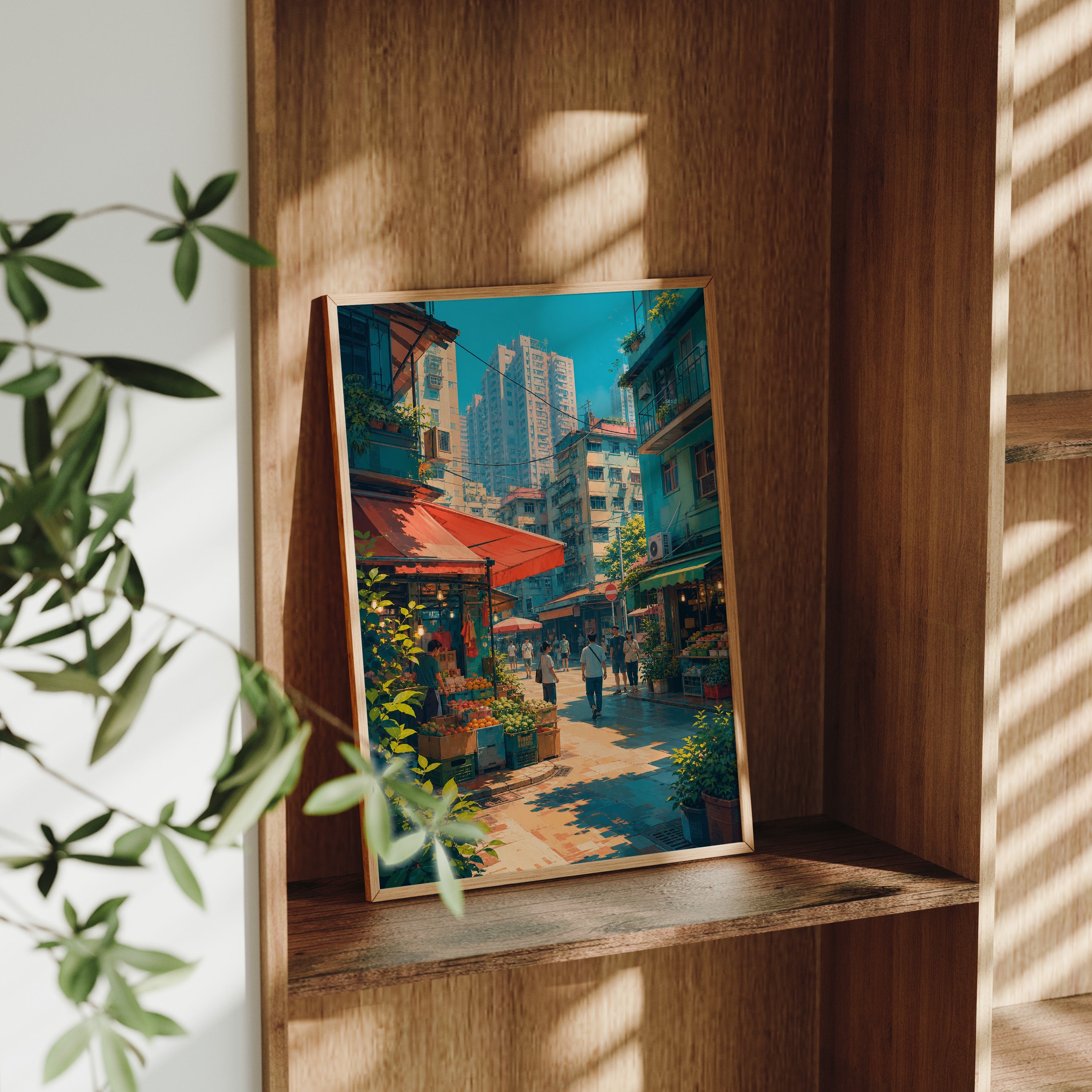 Hong Kong Sunlit Market Cafe poster gallery shelf mockup by Seji Art