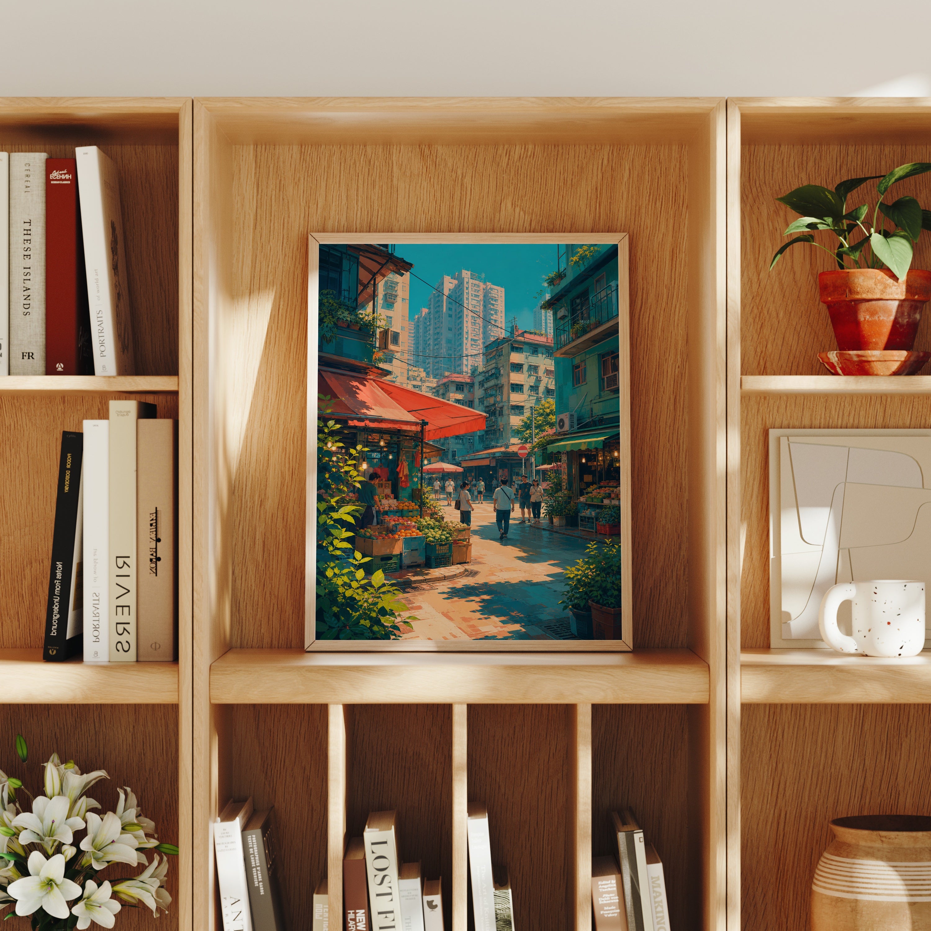 Hong Kong Sunlit Market Cafe poster home decor mockup by Seji Art