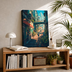 Hong Kong Sunlit Stairway Market canvas room mockup by Seji Art