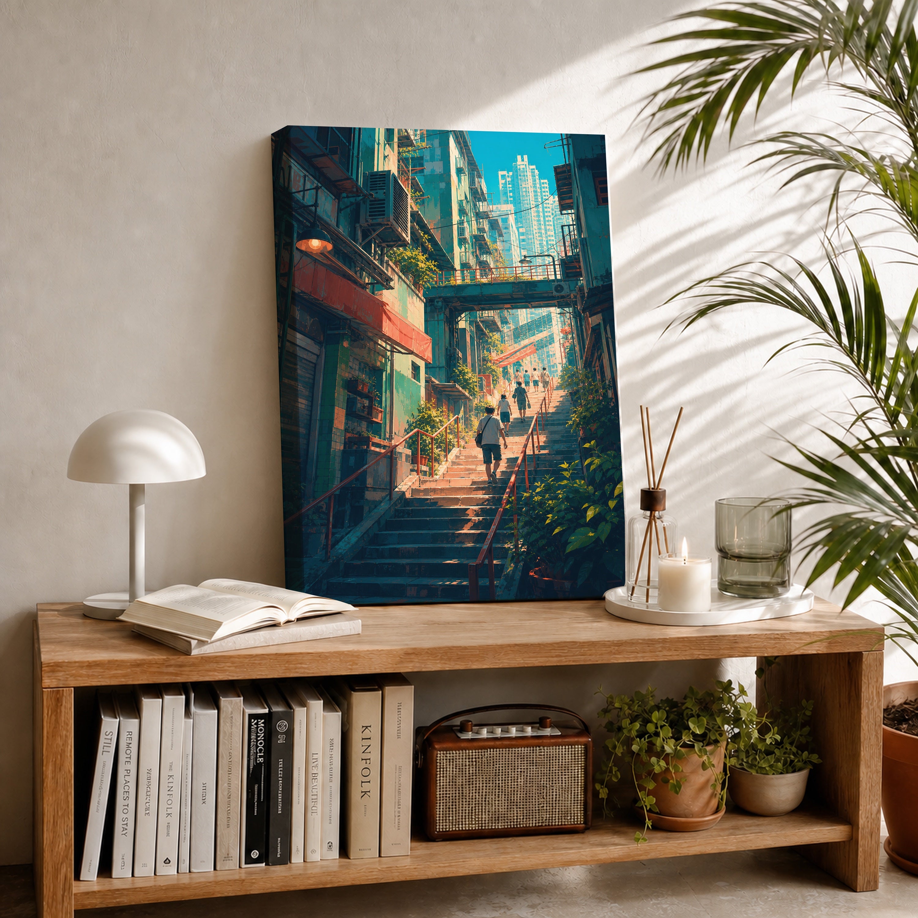 Hong Kong Sunlit Stairway Market canvas room mockup by Seji Art