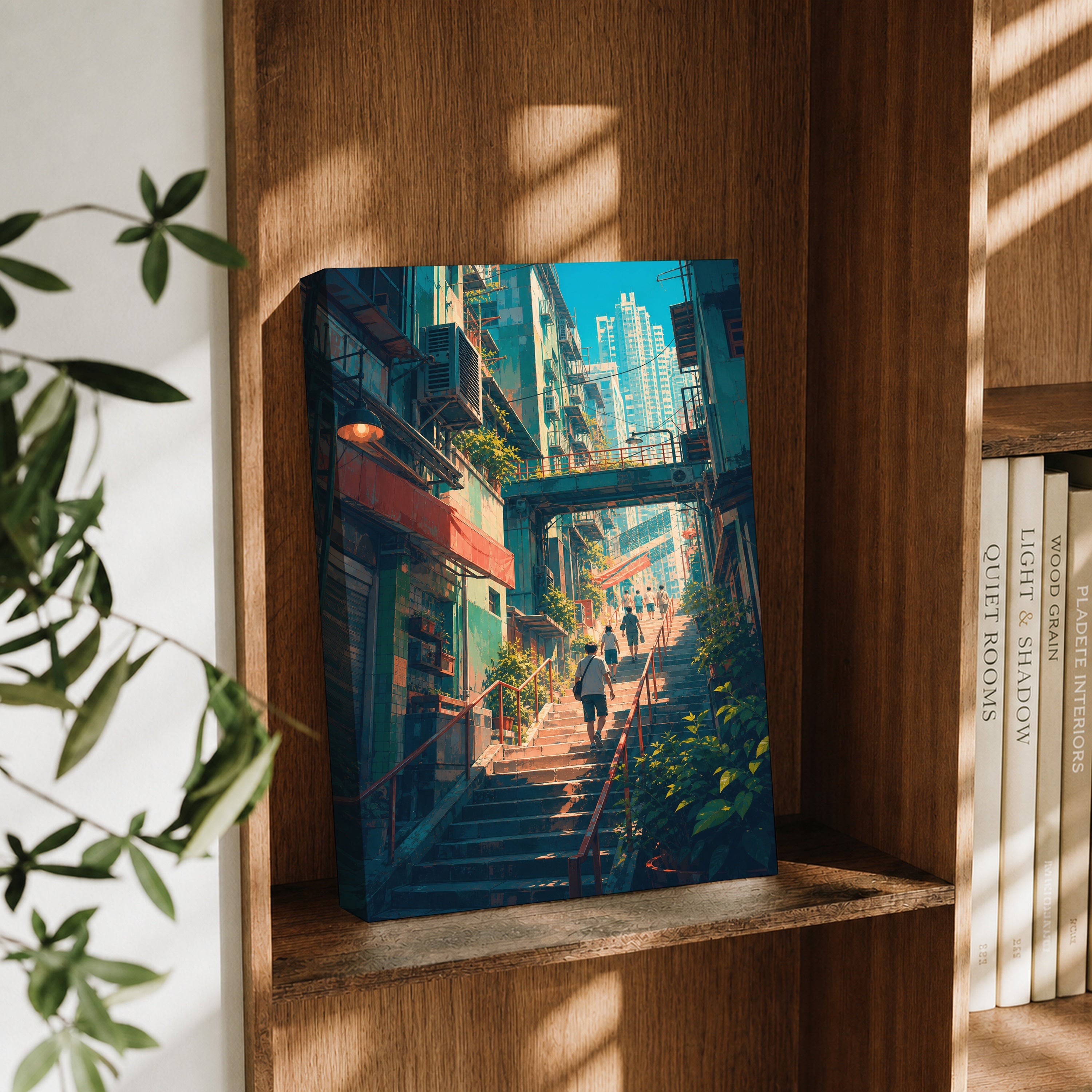 Hong Kong Sunlit Stairway Market canvas wall art decor mockup by Seji Art