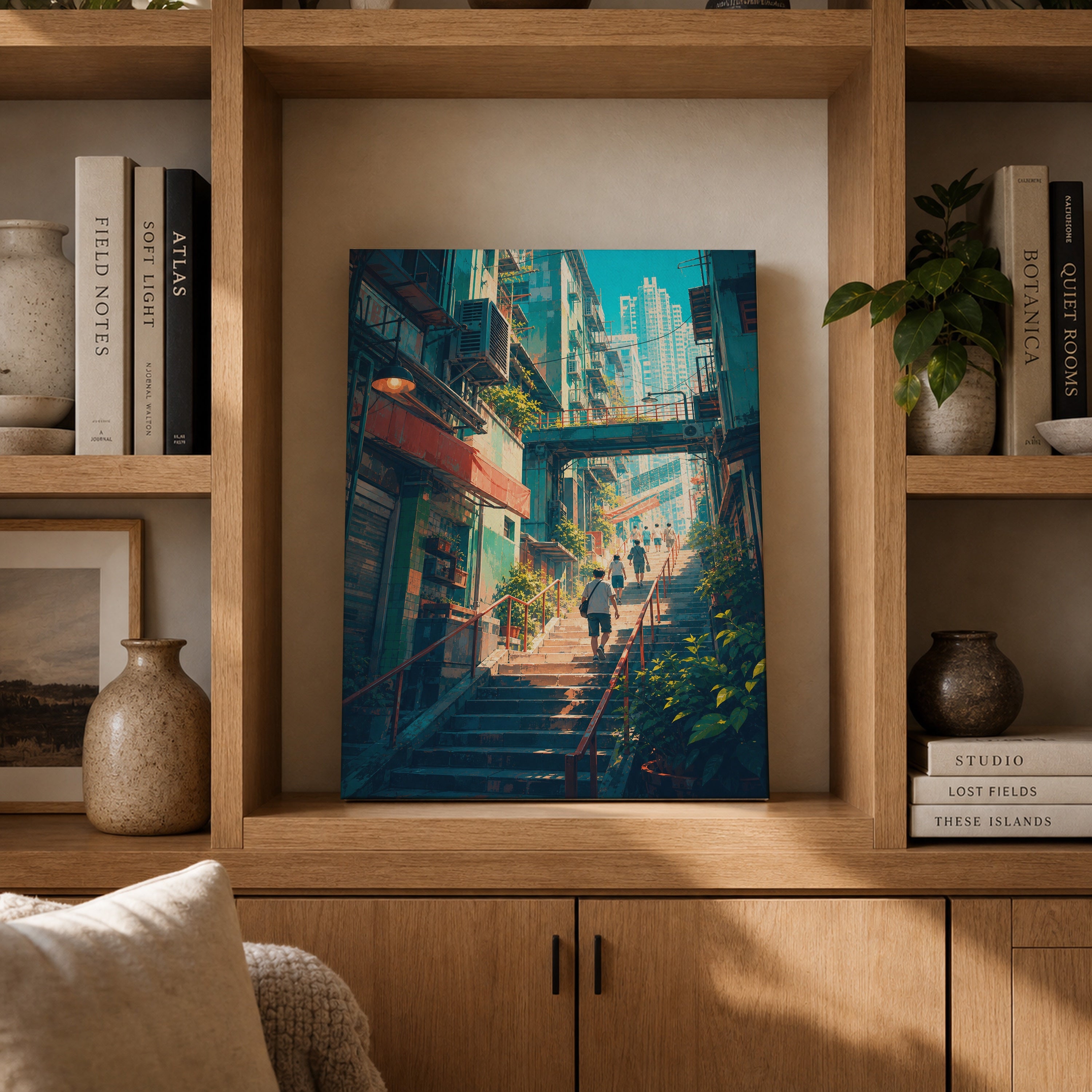Hong Kong Sunlit Stairway Market canvas gallery shelf mockup by Seji Art