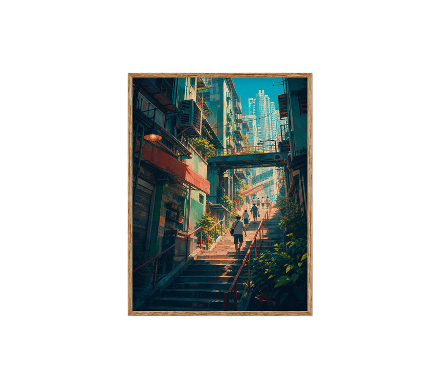 Hong Kong Sunlit Stairway Market poster print preview by Seji Art