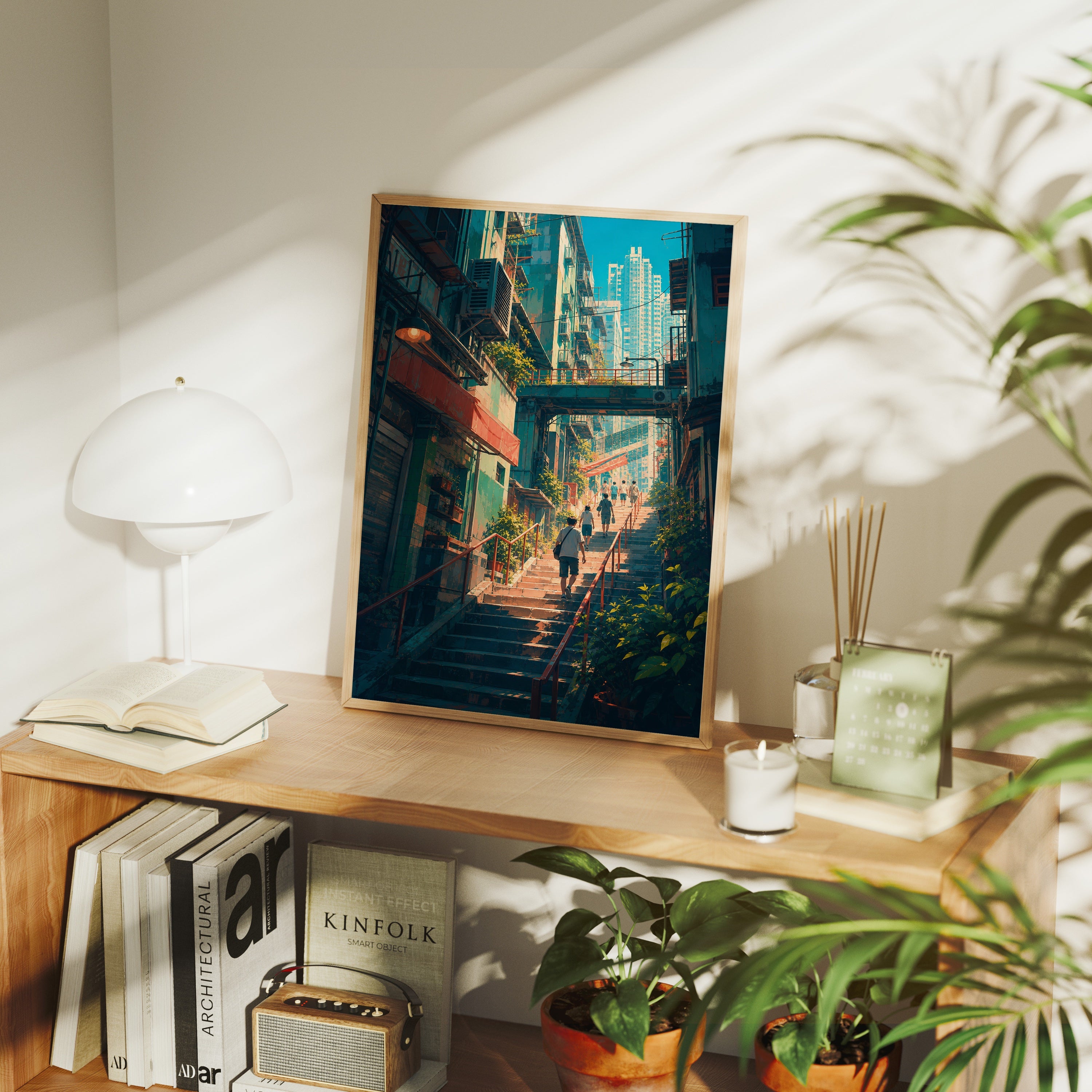 Hong Kong Sunlit Stairway Market poster framed room mockup by Seji Art