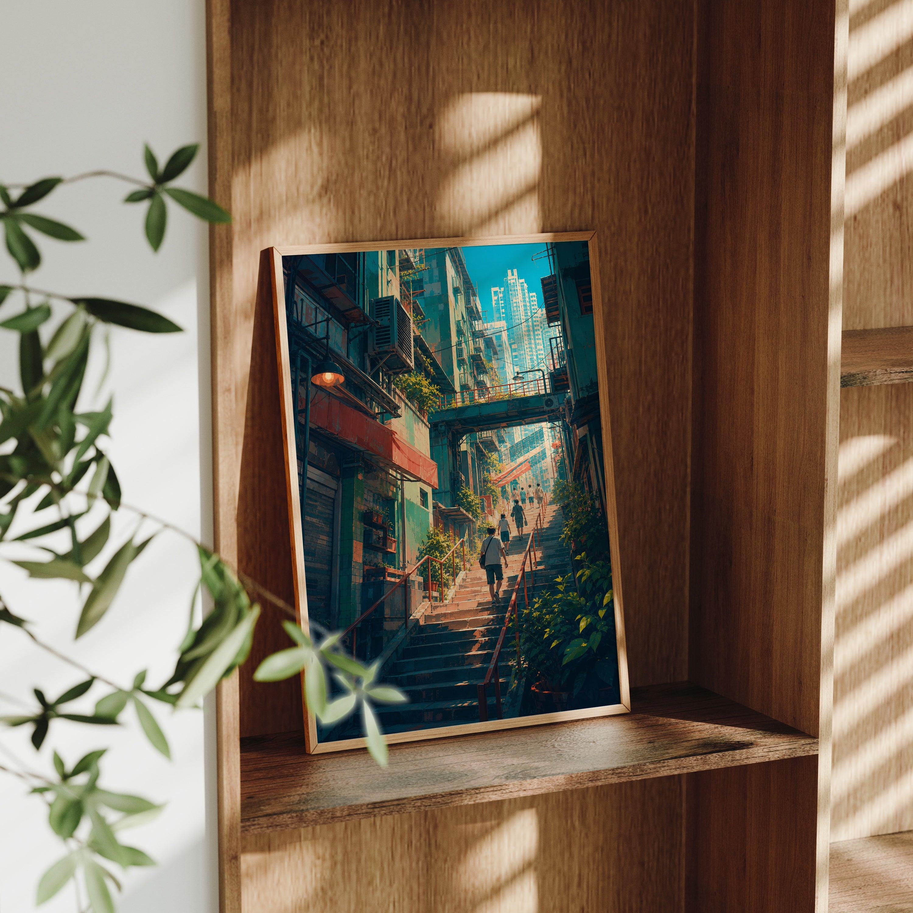 Hong Kong Sunlit Stairway Market poster gallery shelf mockup by Seji Art