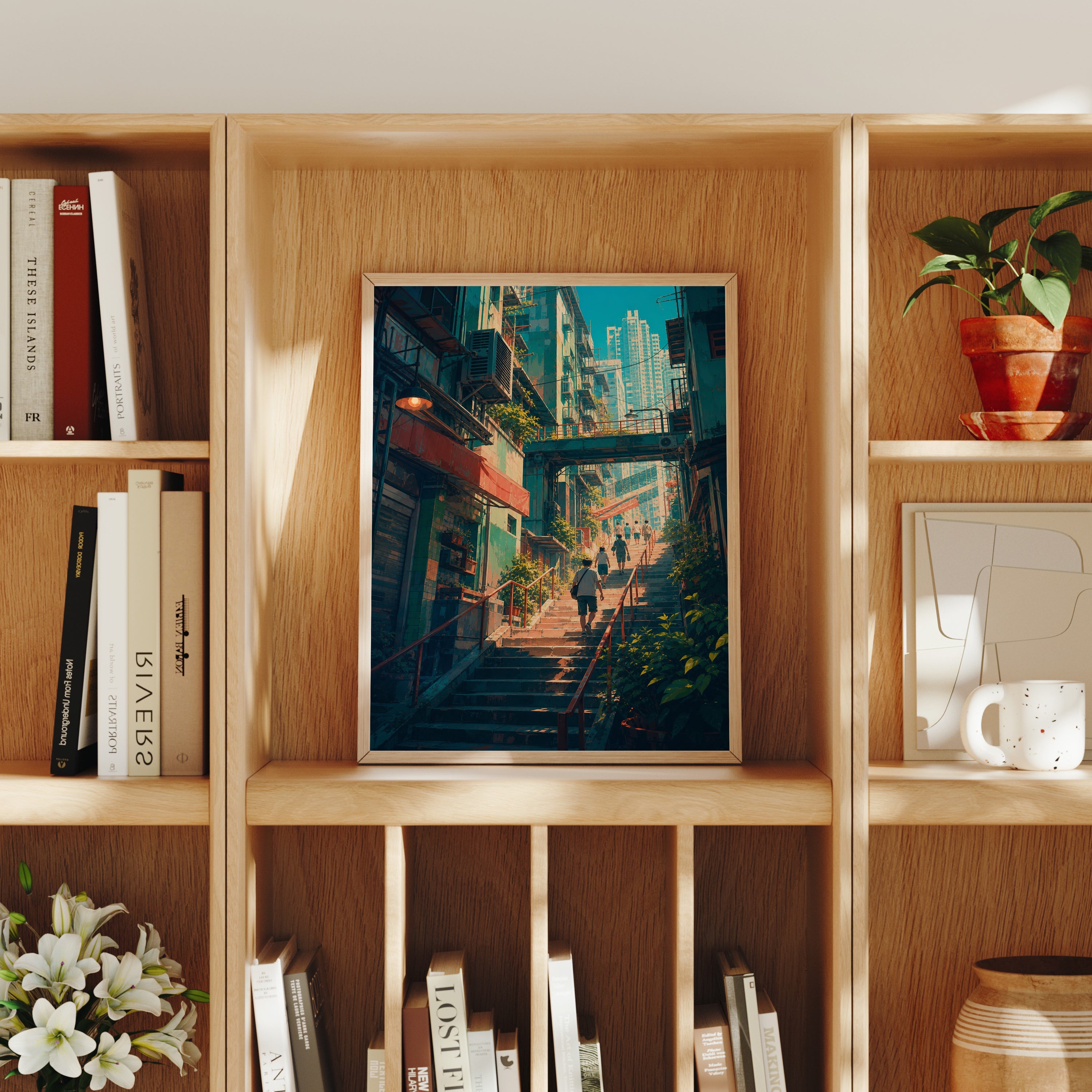 Hong Kong Sunlit Stairway Market poster home decor mockup by Seji Art