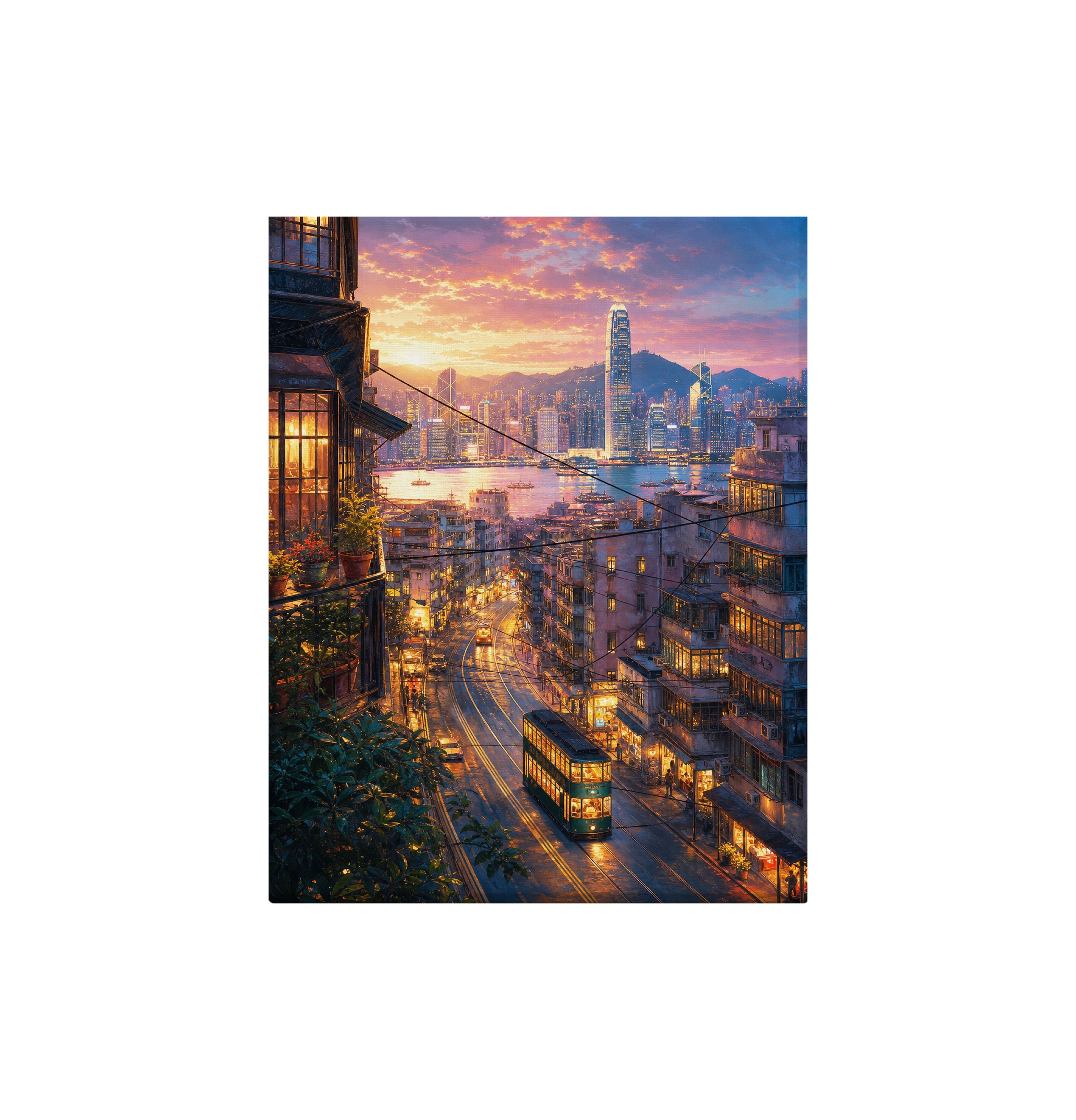 Hong Kong Sunset Tram Street canvas wall art preview by Seji Art