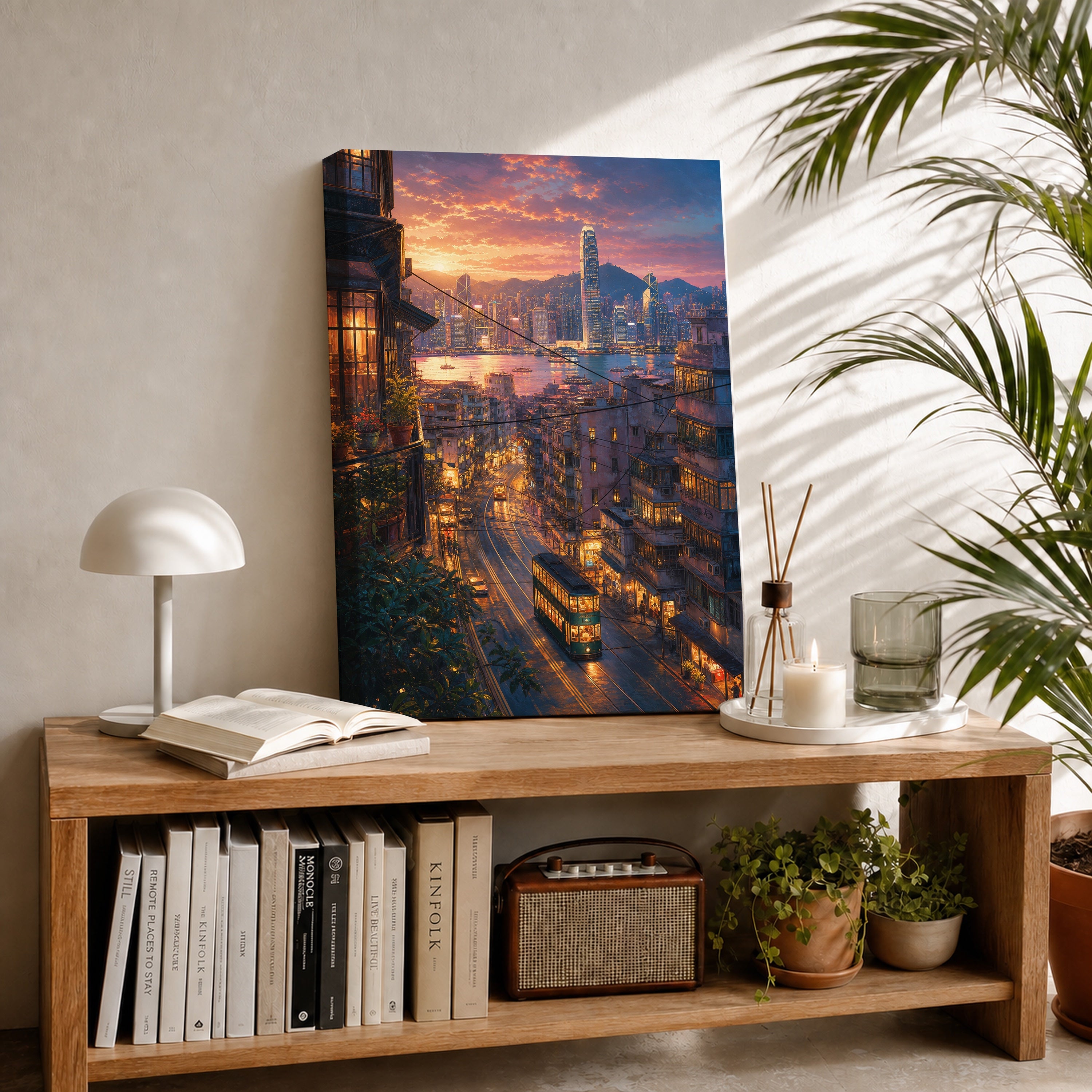 Hong Kong Sunset Tram Street canvas room mockup by Seji Art