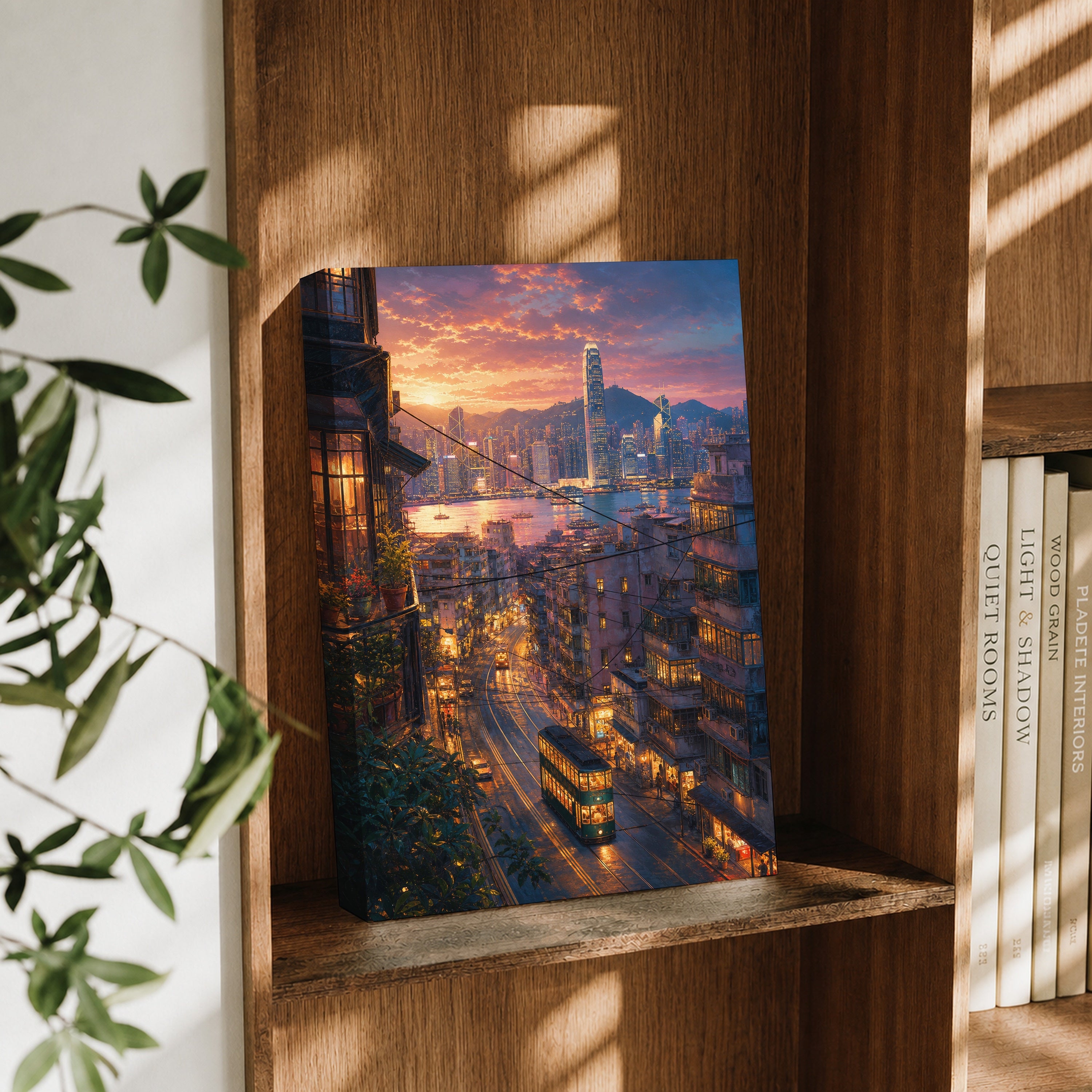 Hong Kong Sunset Tram Street canvas wall art decor mockup by Seji Art