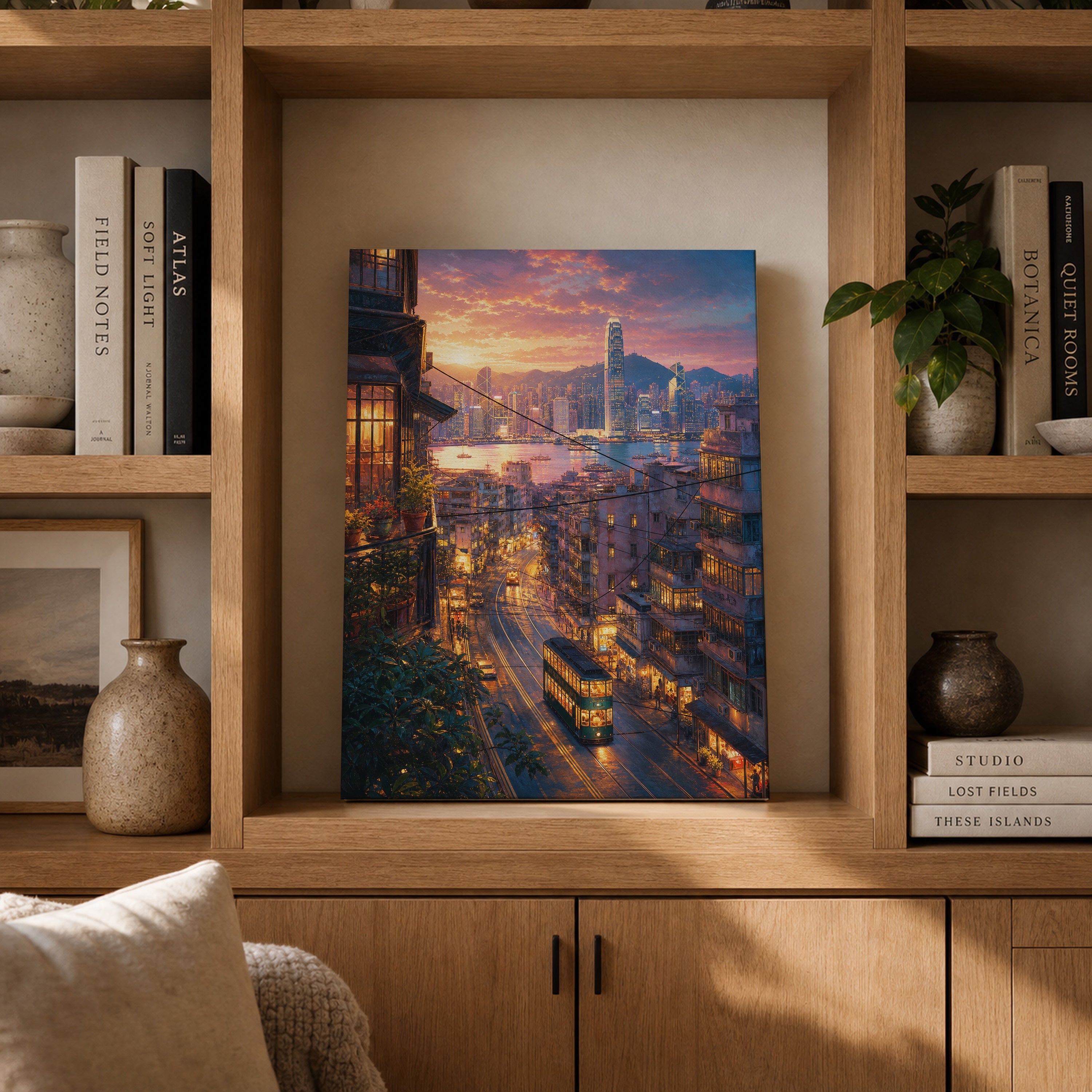 Hong Kong Sunset Tram Street canvas gallery shelf mockup by Seji Art