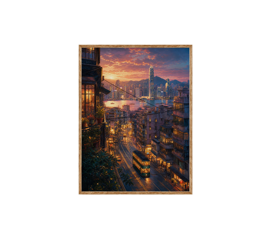 Hong Kong Sunset Tram Street poster print preview by Seji Art