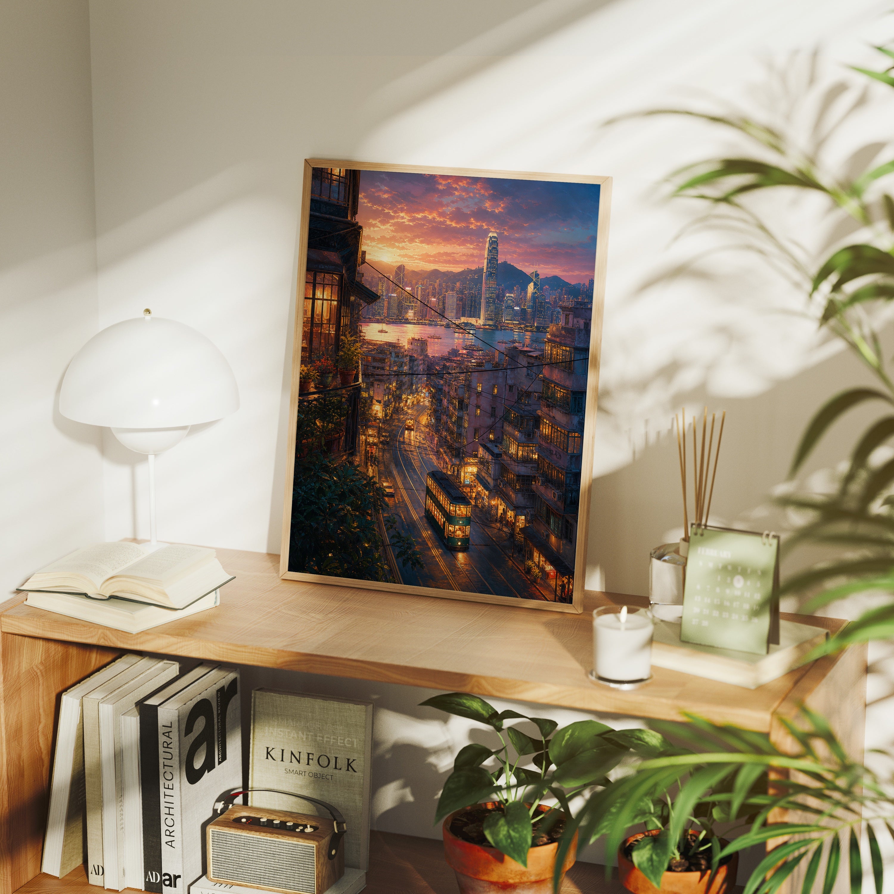 Hong Kong Sunset Tram Street poster framed room mockup by Seji Art