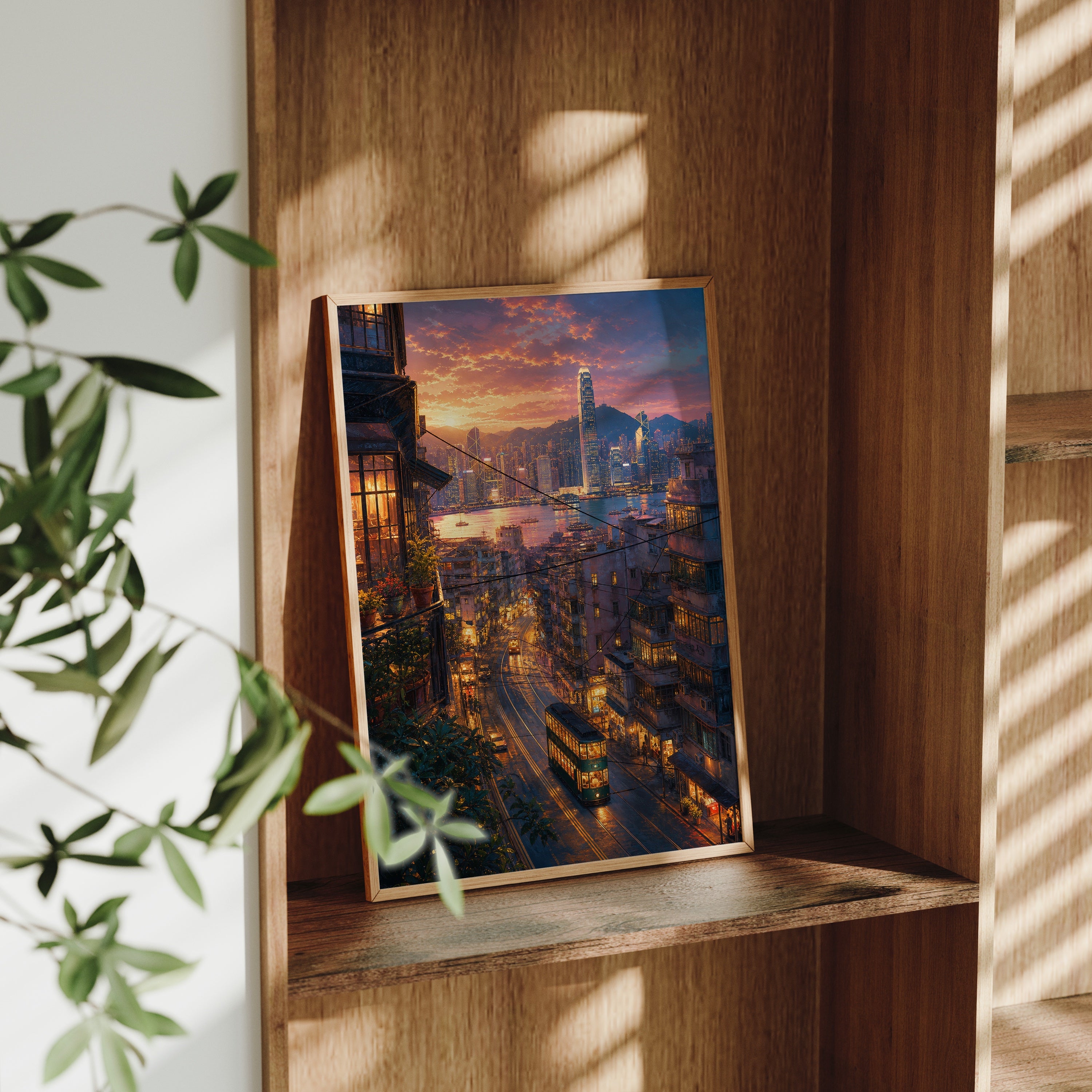 Hong Kong Sunset Tram Street poster gallery shelf mockup by Seji Art