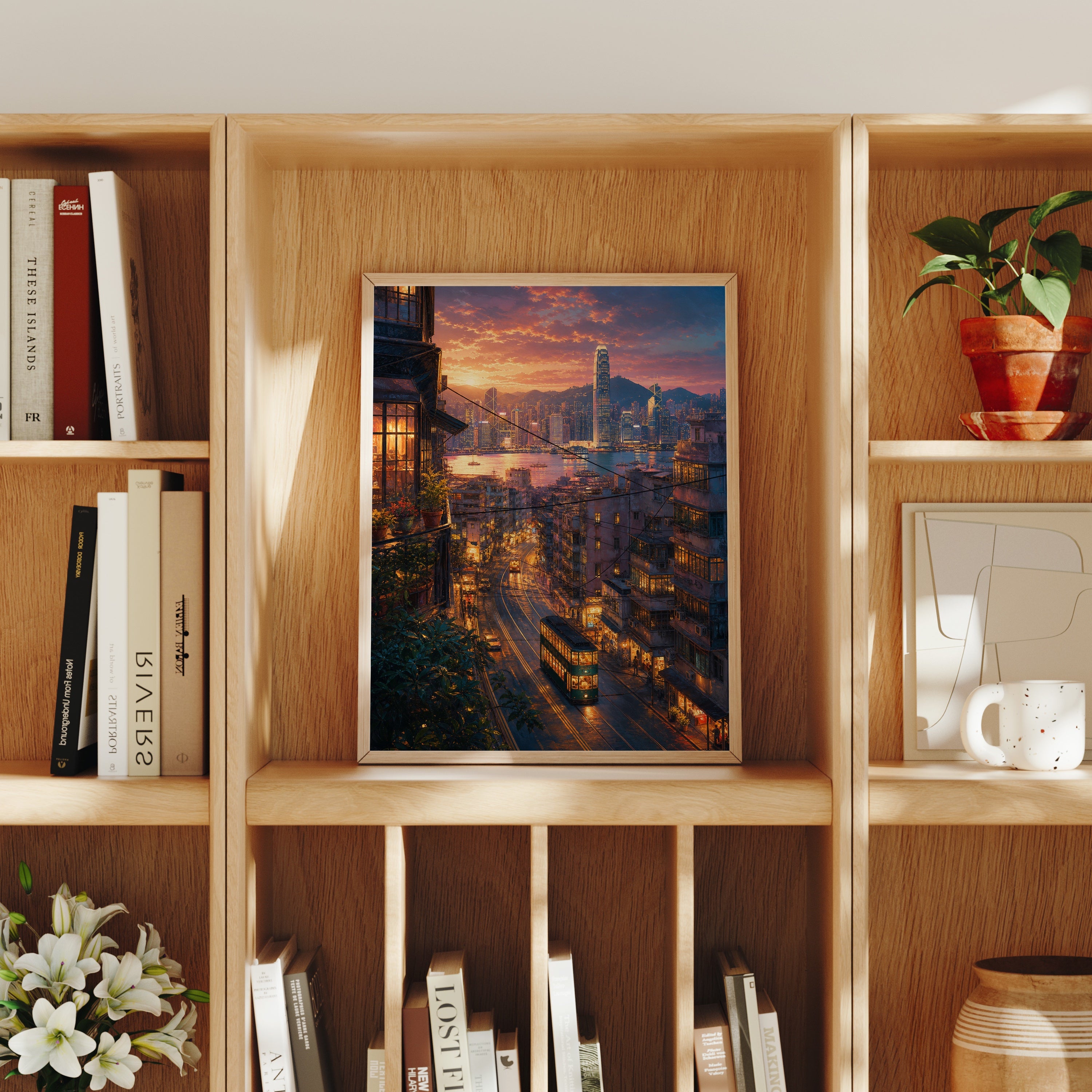Hong Kong Sunset Tram Street poster home decor mockup by Seji Art