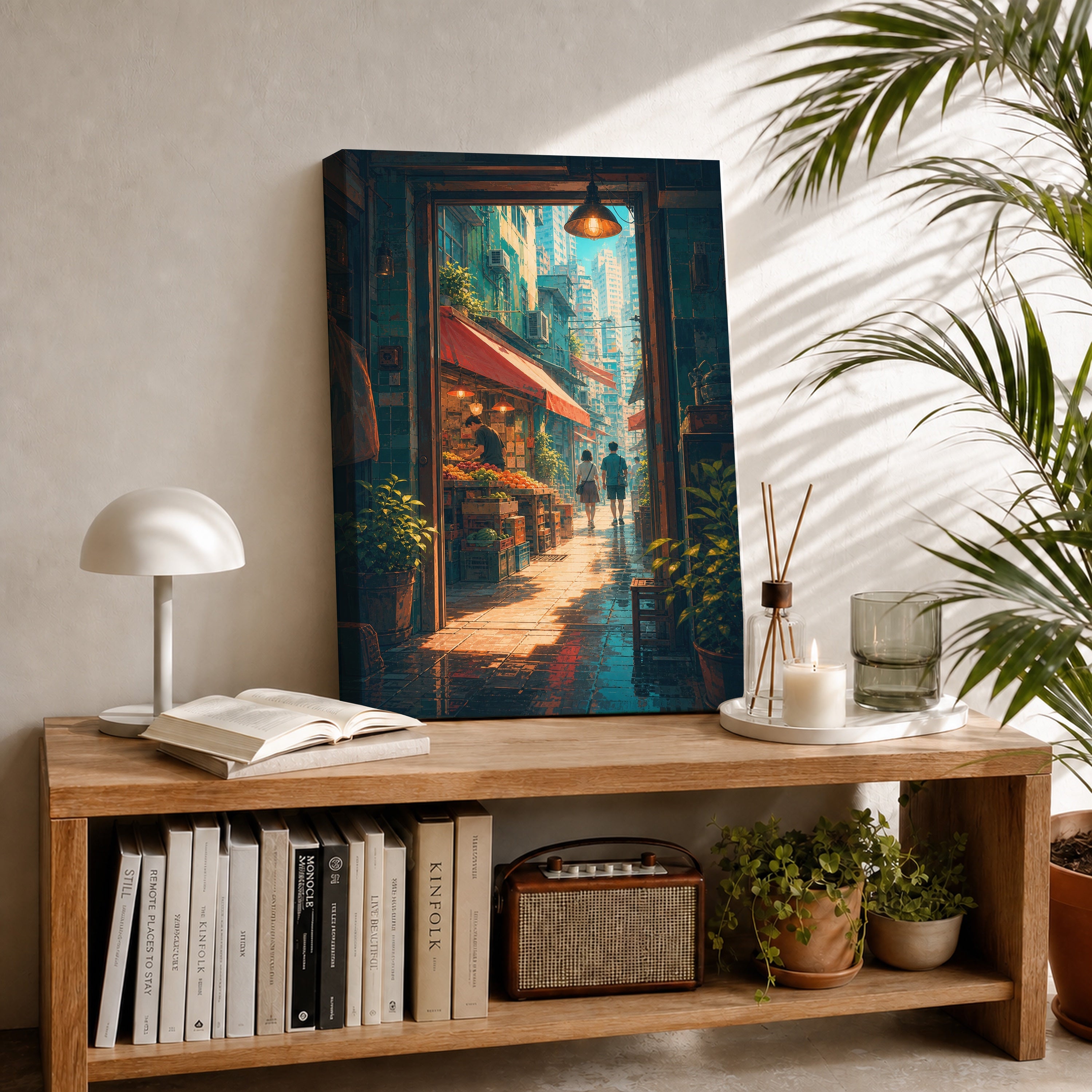 Hong Kong Teahouse Alley Sunbeam canvas room mockup by Seji Art
