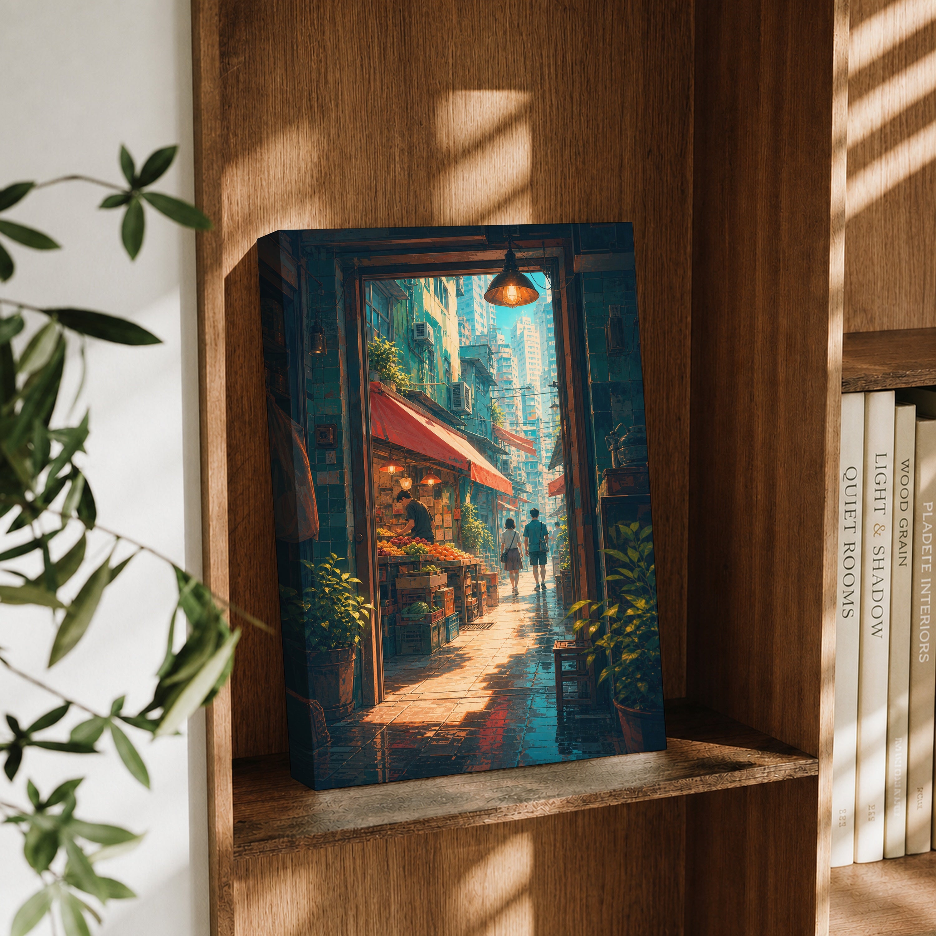 Hong Kong Teahouse Alley Sunbeam canvas wall art decor mockup by Seji Art