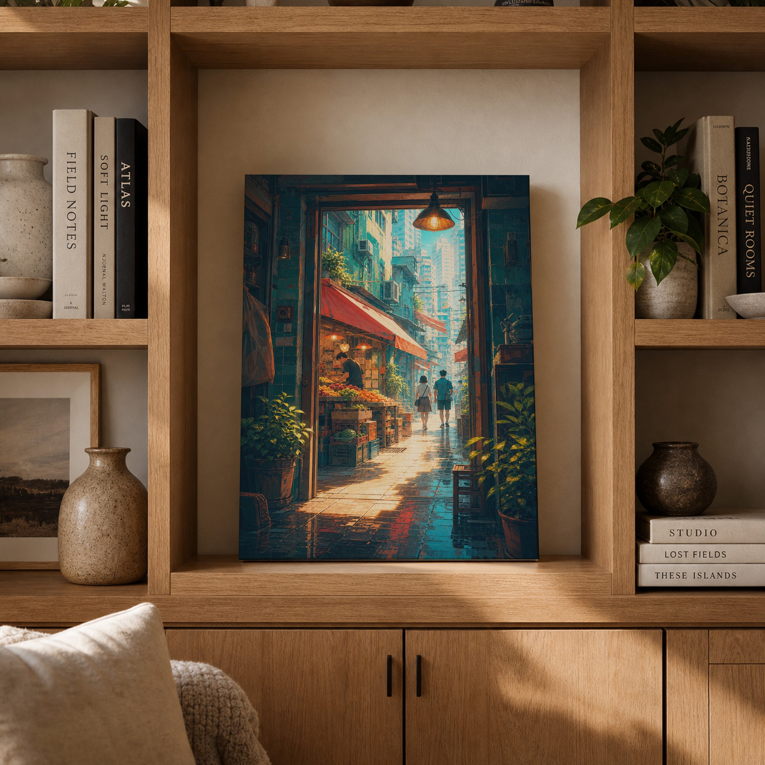 Hong Kong Teahouse Alley Sunbeam canvas gallery shelf mockup by Seji Art