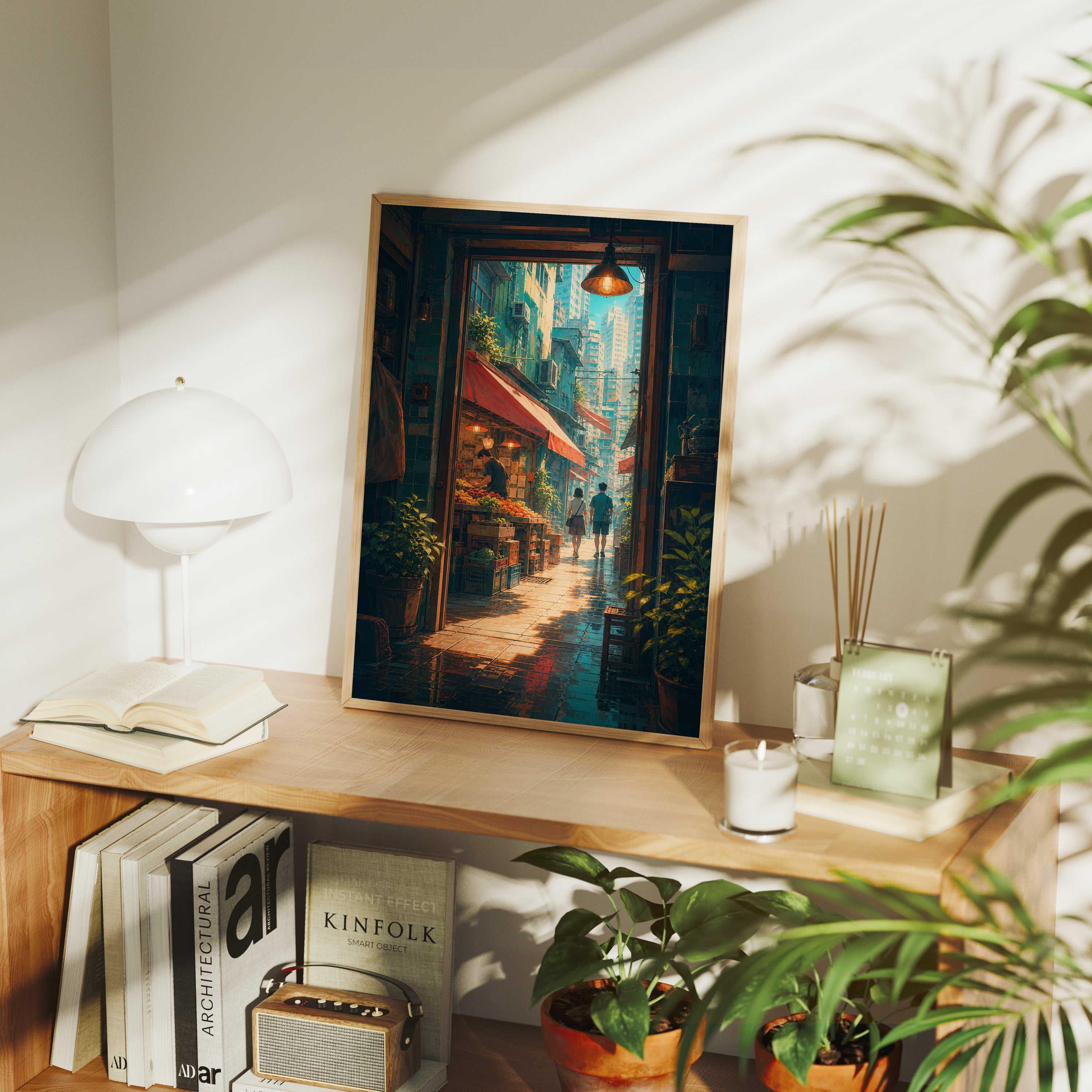 Hong Kong Teahouse Alley Sunbeam poster framed room mockup by Seji Art
