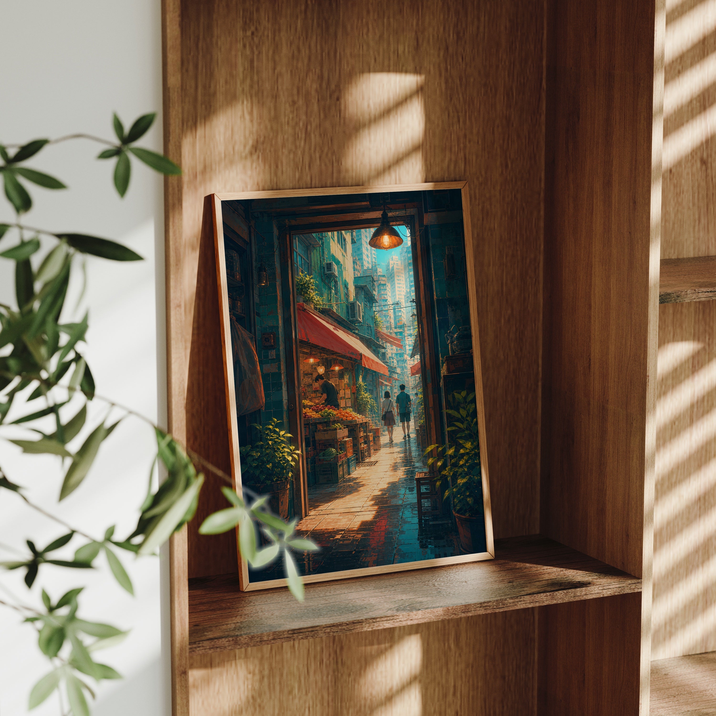 Hong Kong Teahouse Alley Sunbeam poster gallery shelf mockup by Seji Art