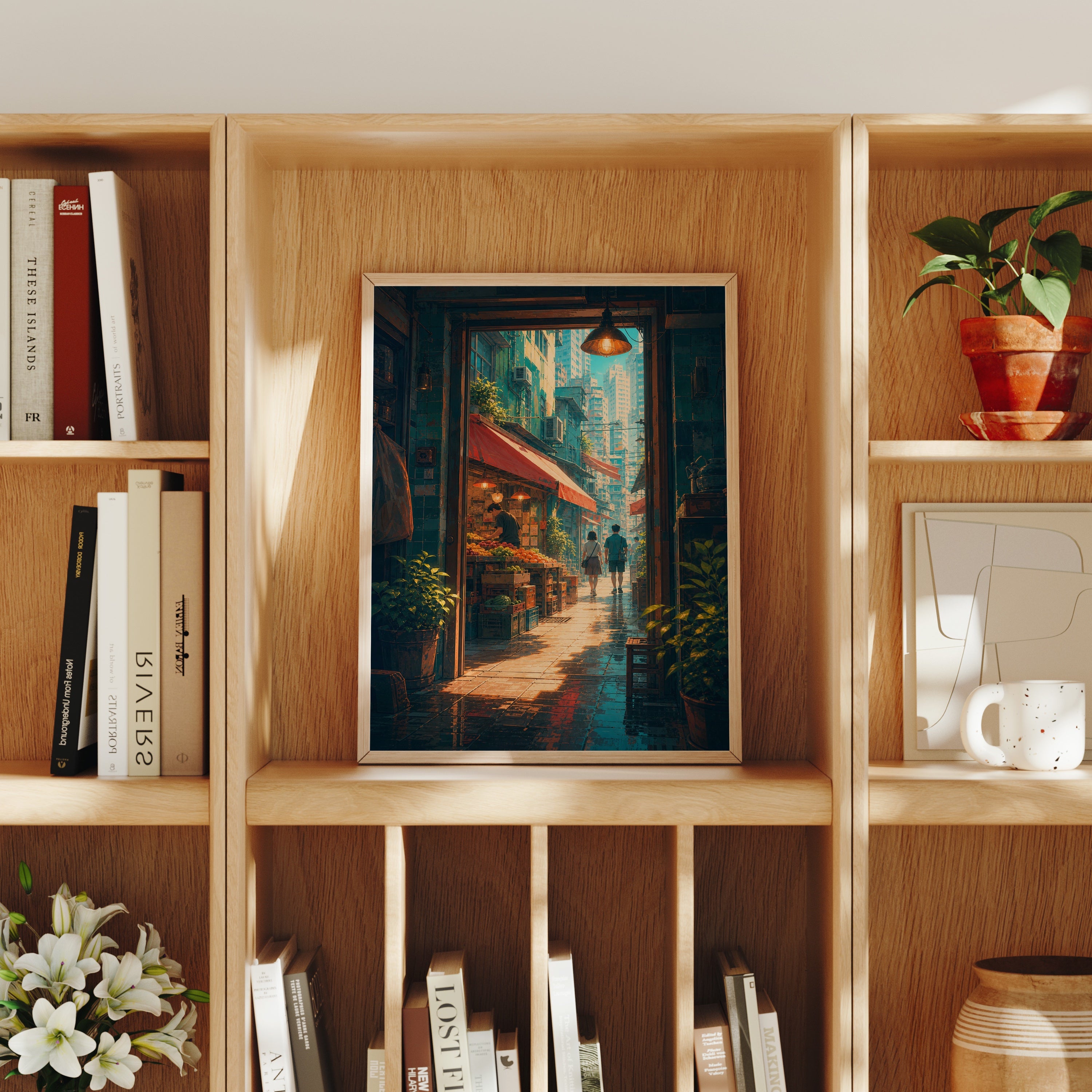 Hong Kong Teahouse Alley Sunbeam poster home decor mockup by Seji Art