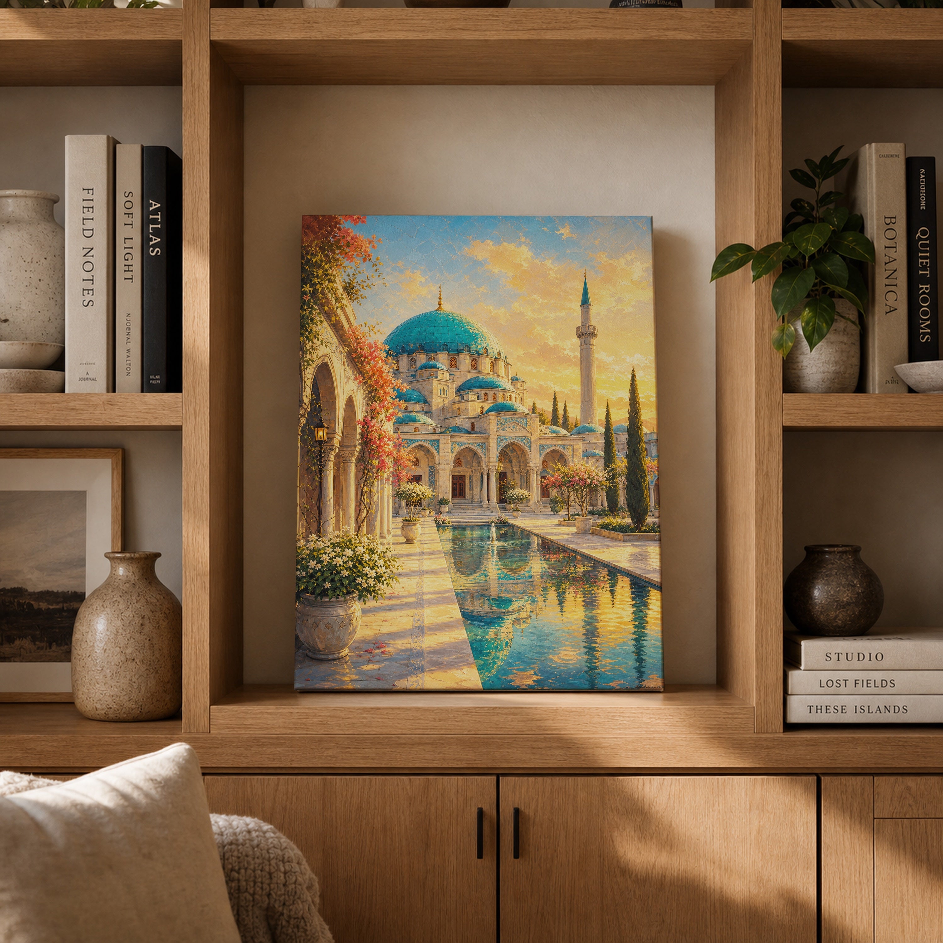 Istanbul Courtyard Mosque Sunset canvas gallery shelf mockup by Seji Art