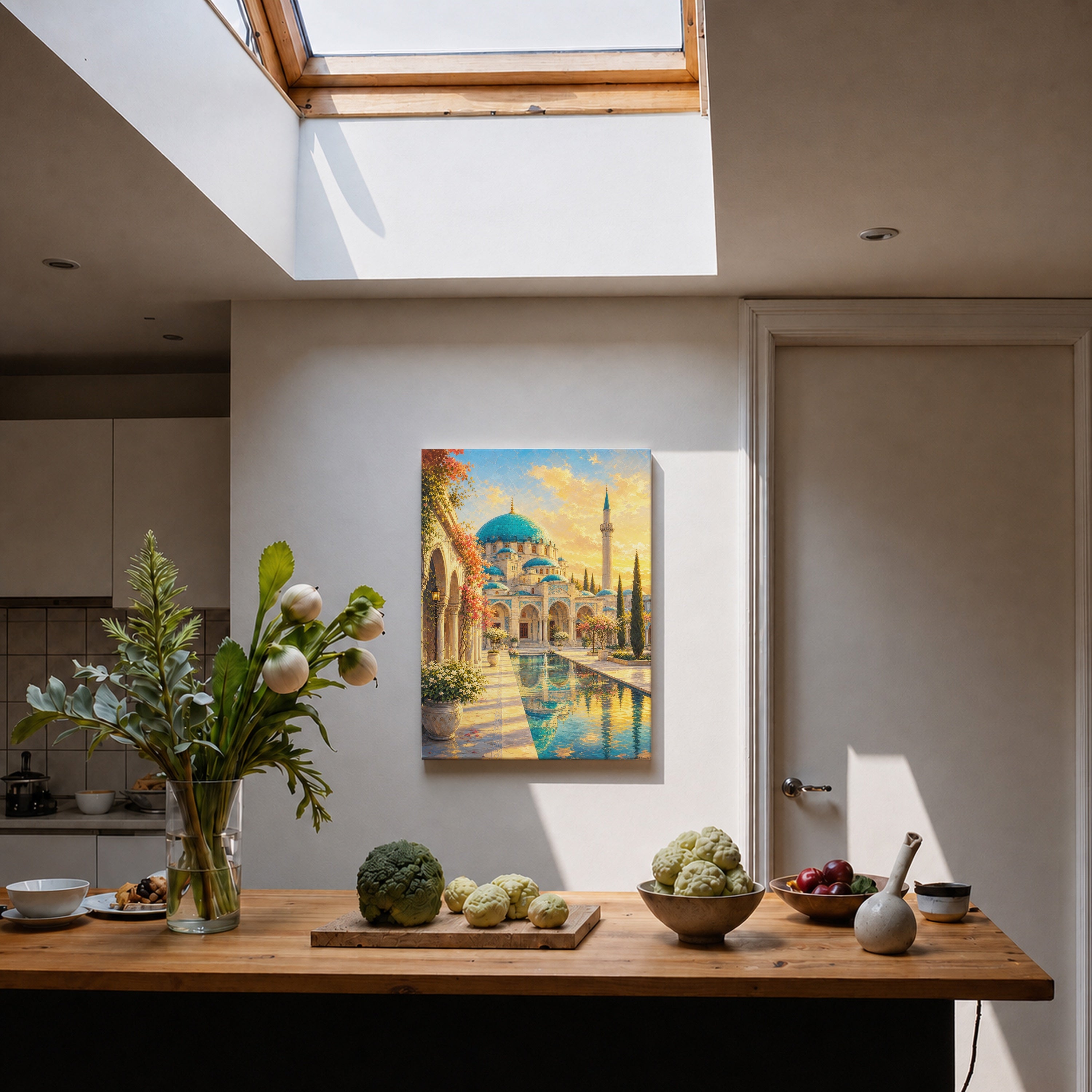 Istanbul Courtyard Mosque Sunset canvas home decor mockup by Seji Art